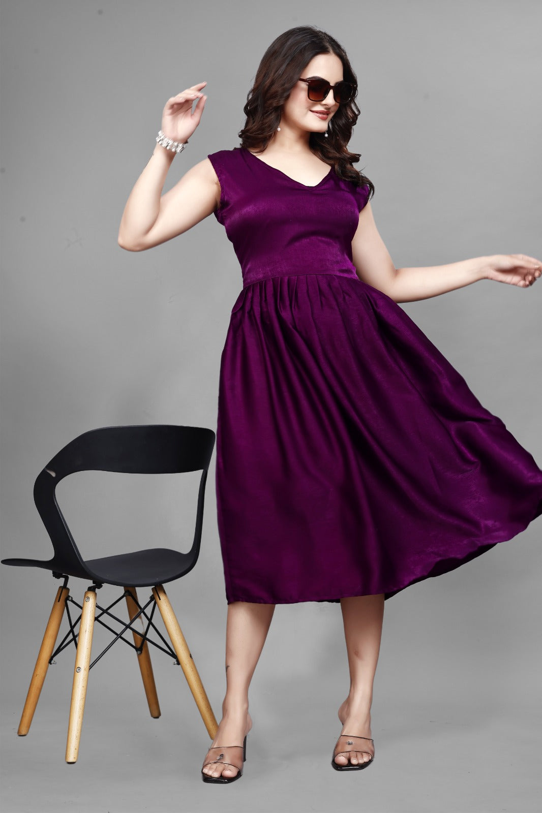 Emerald Green Satin Fit & Flare Midi Dress | Party Wear Sleeveless Gown