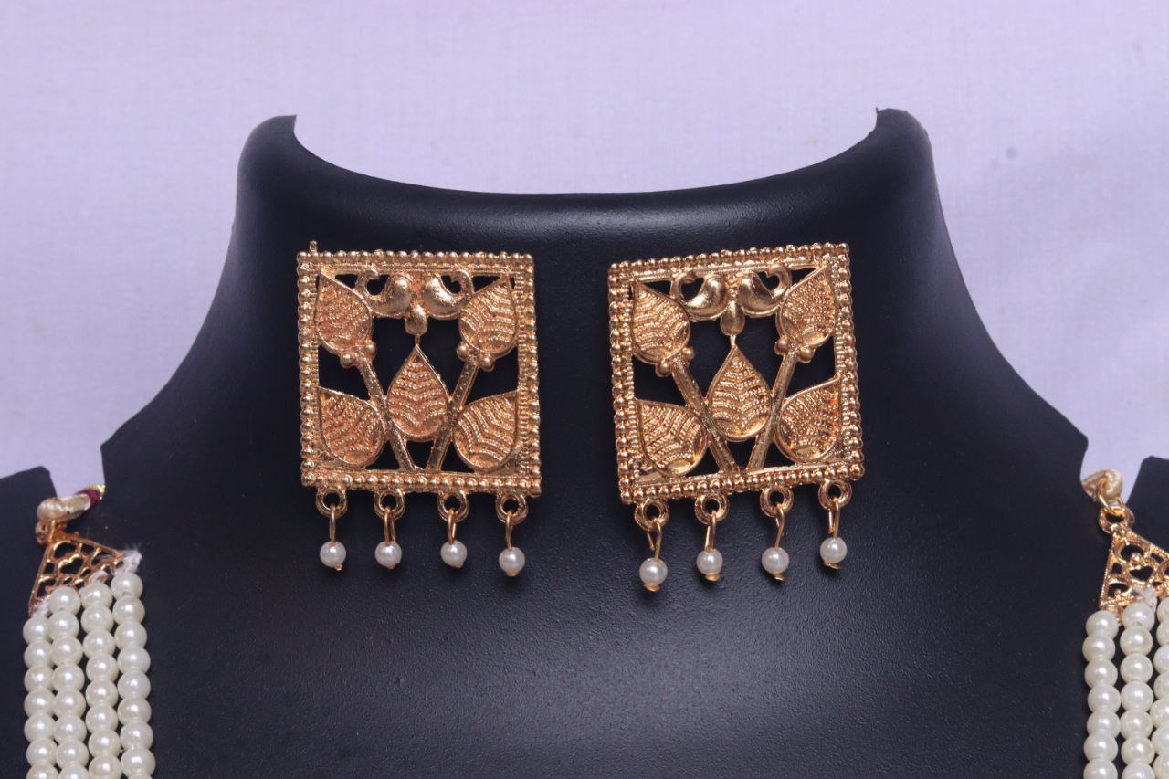 Traditional Pearl Beaded Temple Design Necklace Set with Gold-Plated Leaf Motif Pendants & Earrings