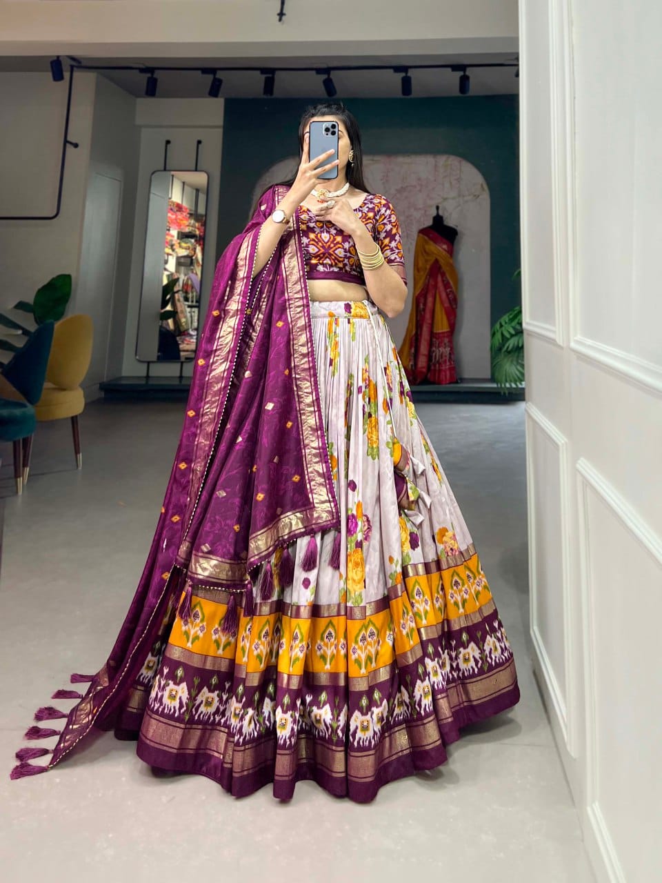 Elegant Floral Printed Lehenga Choli with Navy Blue Dupatta – Ethnic Festive Wear