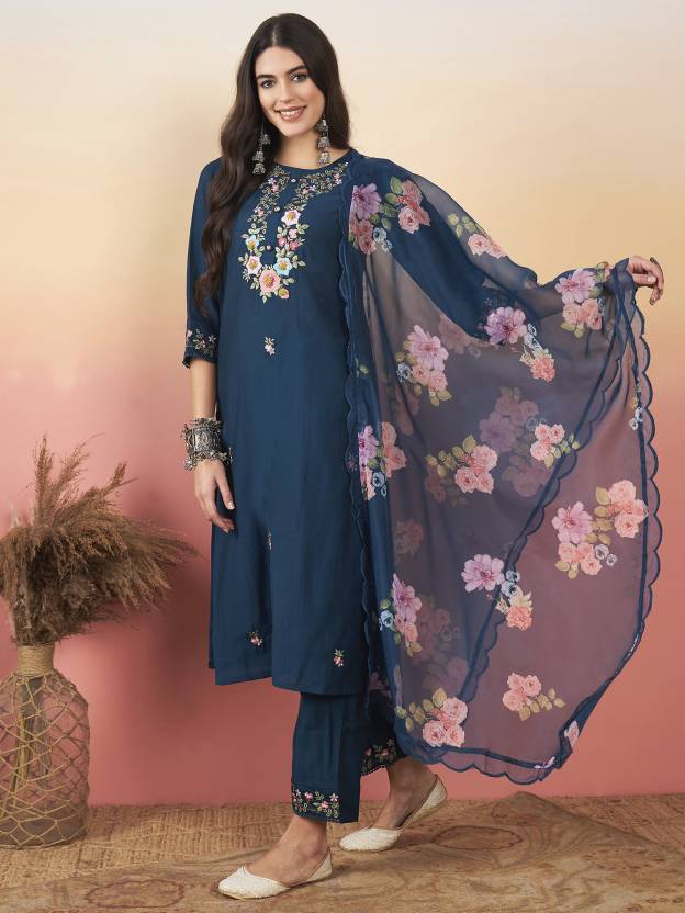 Navy Blue Embroidered Kurta Set with Floral Organza Dupatta