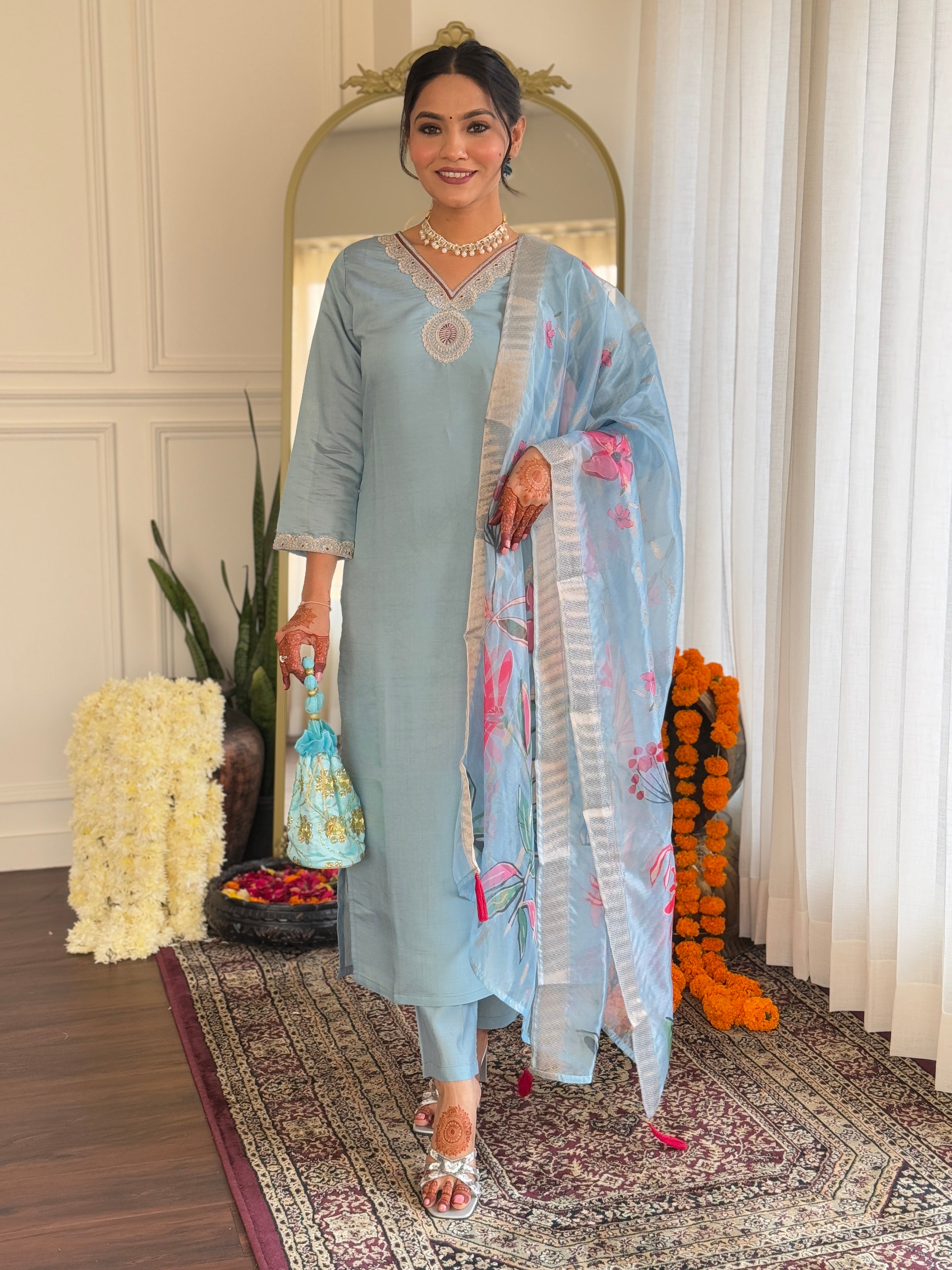Sky Blue Embroidered Kurta Set with Floral Organza Dupatta