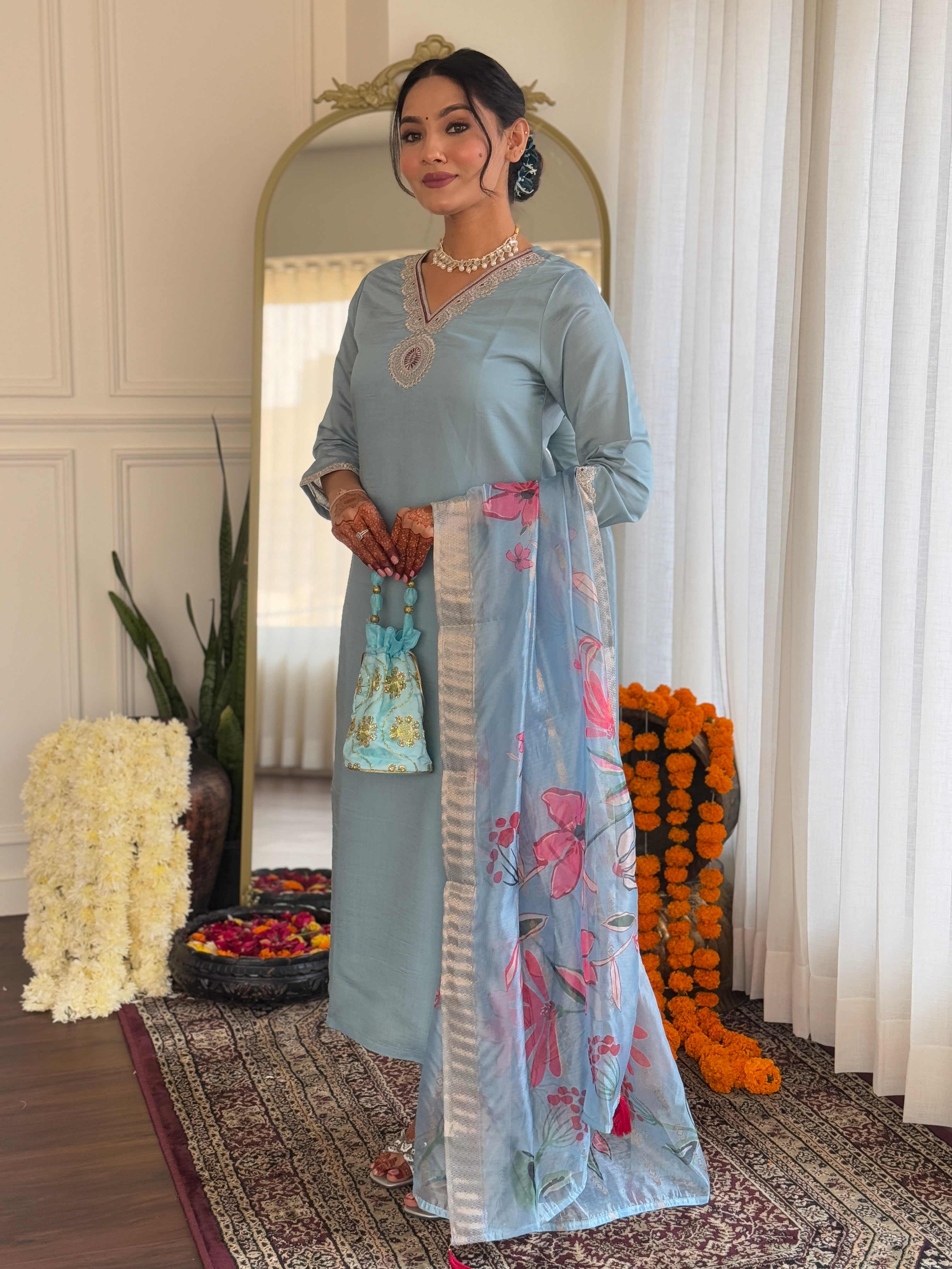 Sky Blue Embroidered Kurta Set with Floral Organza Dupatta