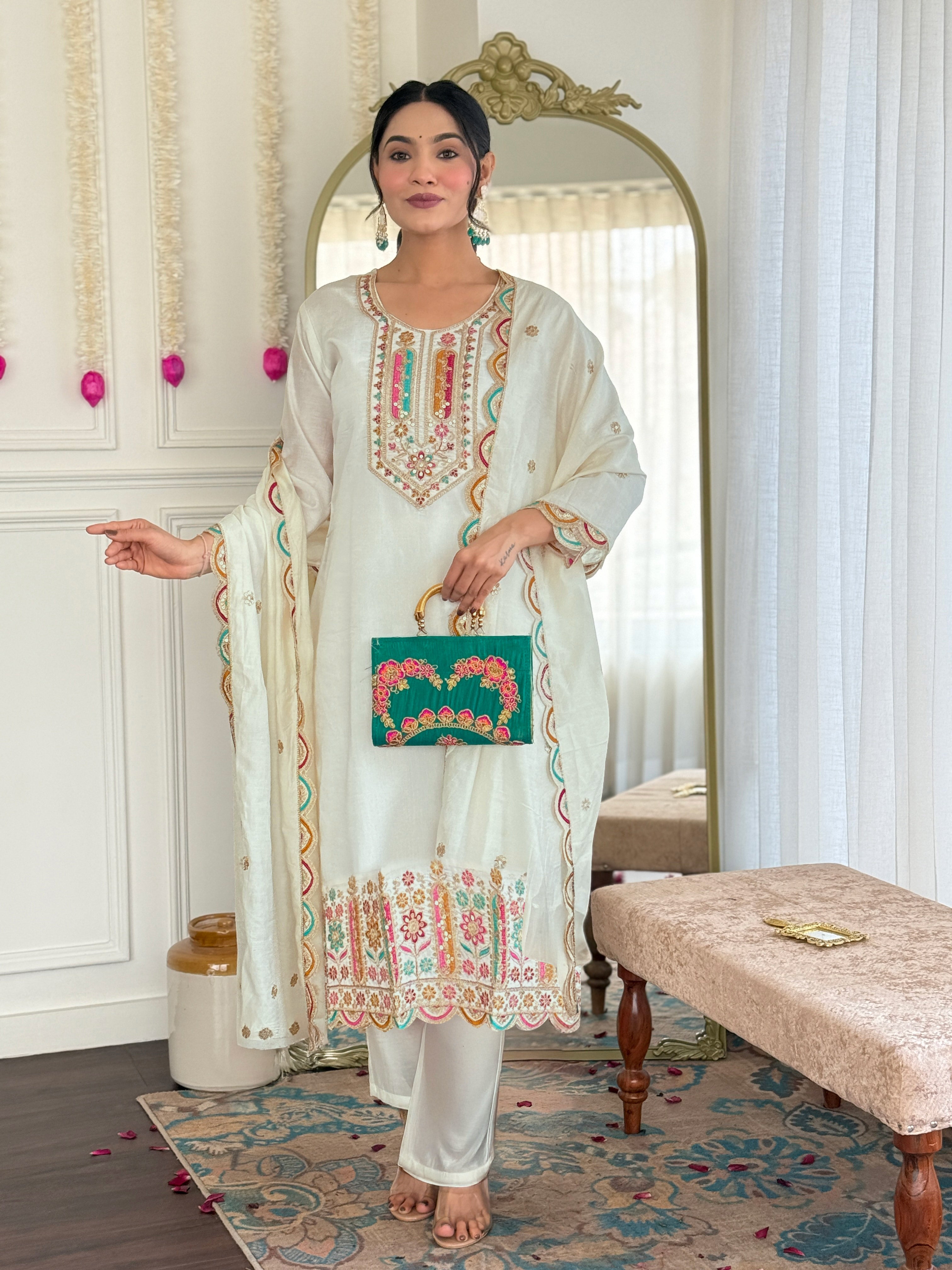 Ivory Cream Embroidered Kurta Set with Multicolor Threadwork