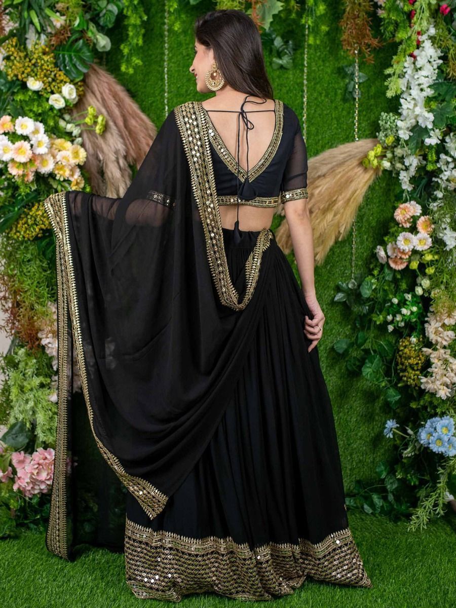 Black Georgette Lehenga Choli with Mirror and Zari Embroidery Work
