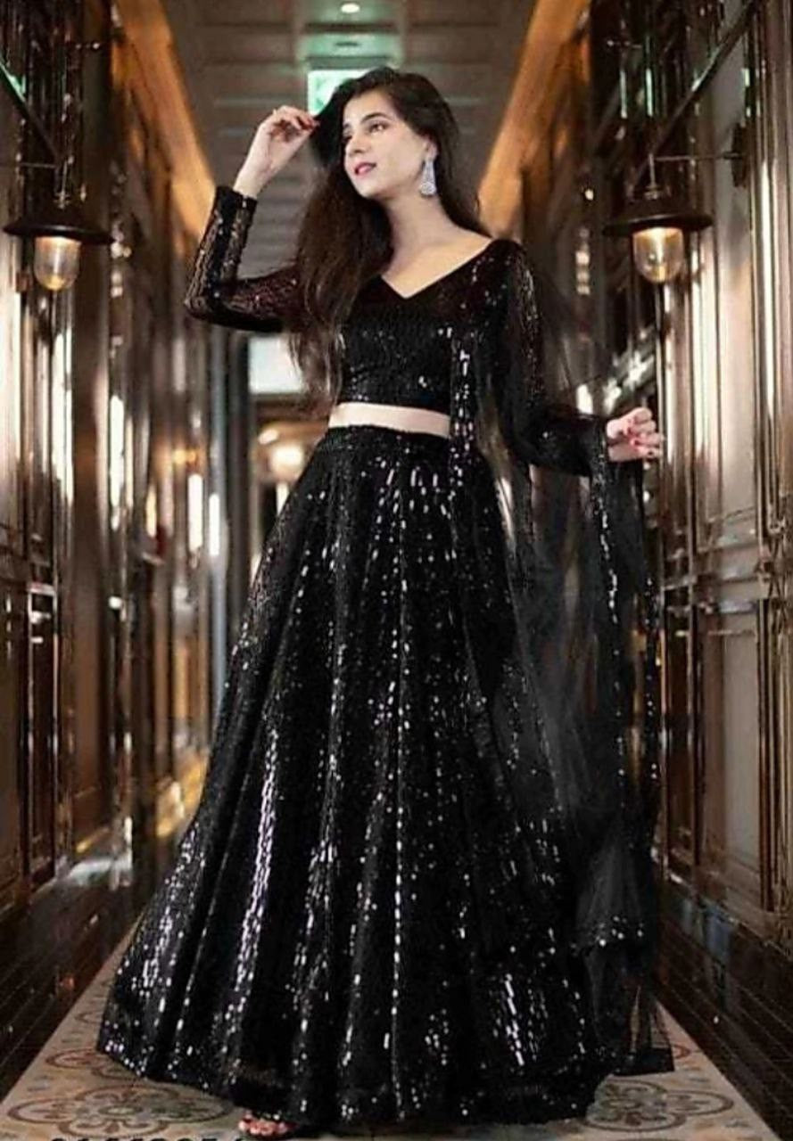 Elegant Black Sequin Lehenga Set with Sheer Dupatta