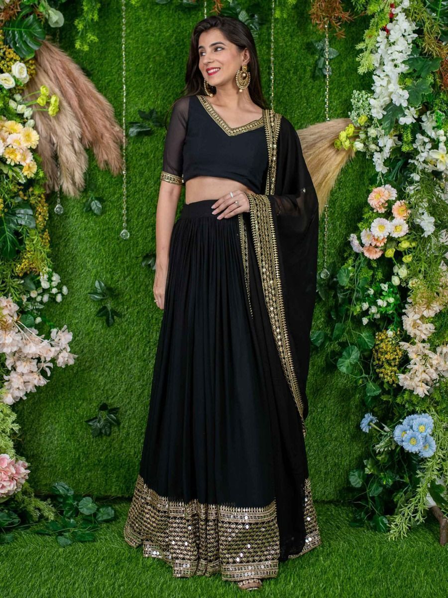 Black Georgette Lehenga Choli with Mirror and Zari Embroidery Work