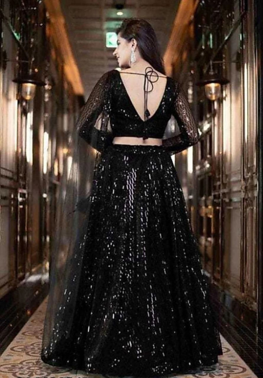 Elegant Black Sequin Lehenga Set with Sheer Dupatta