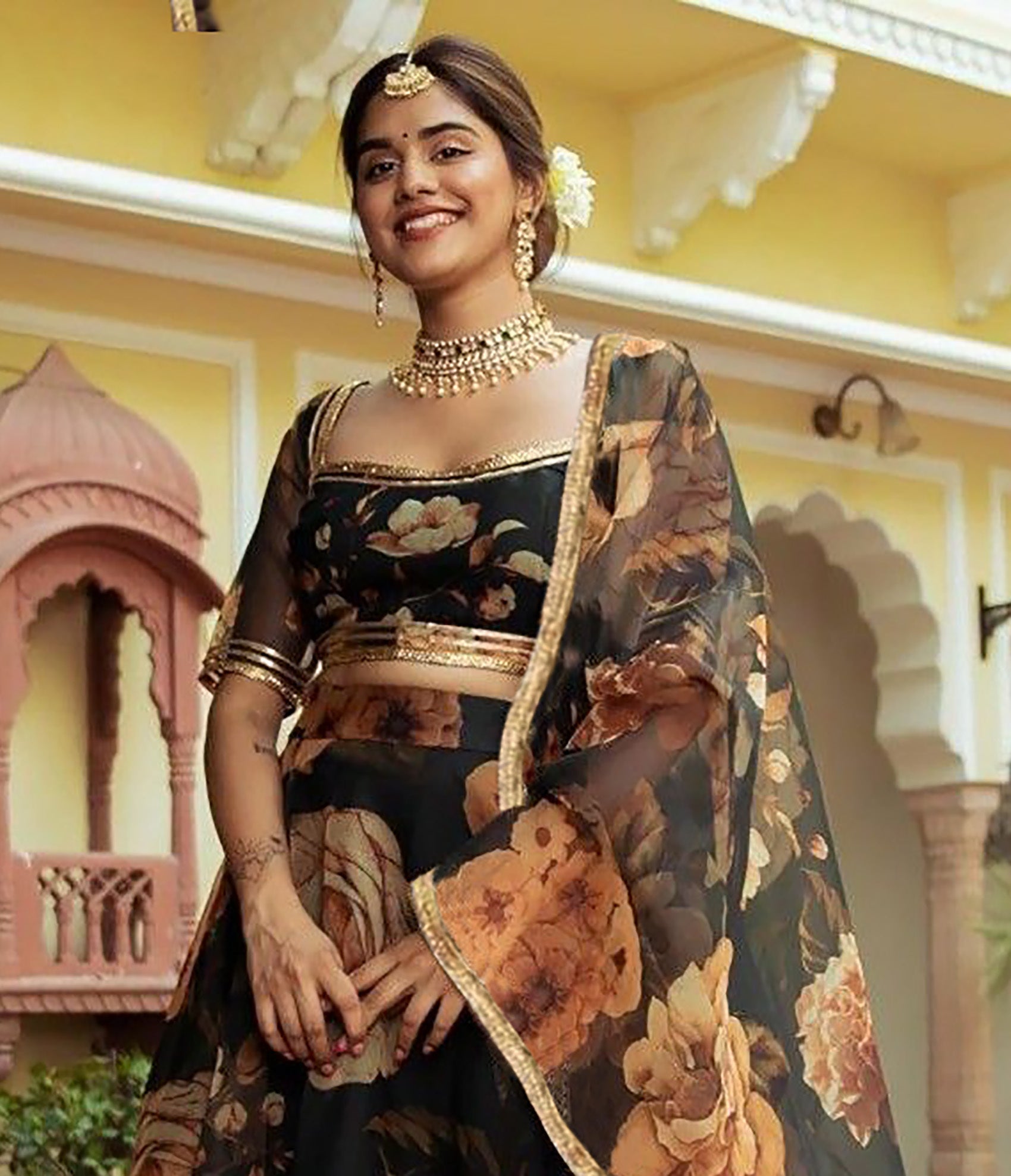 Elegant Black Floral Printed Lehenga with Sheer Dupatta