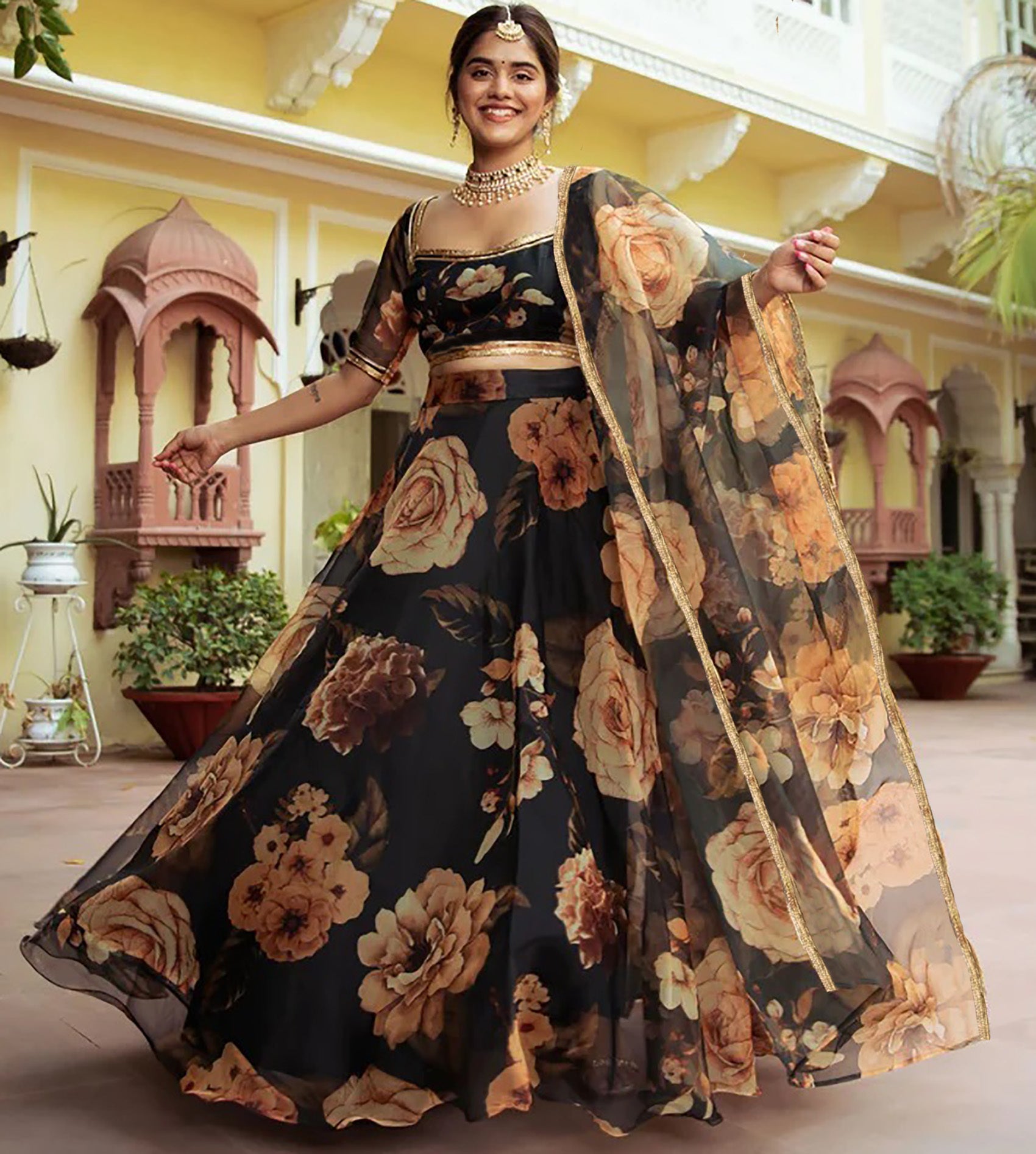 Elegant Black Floral Printed Lehenga with Sheer Dupatta
