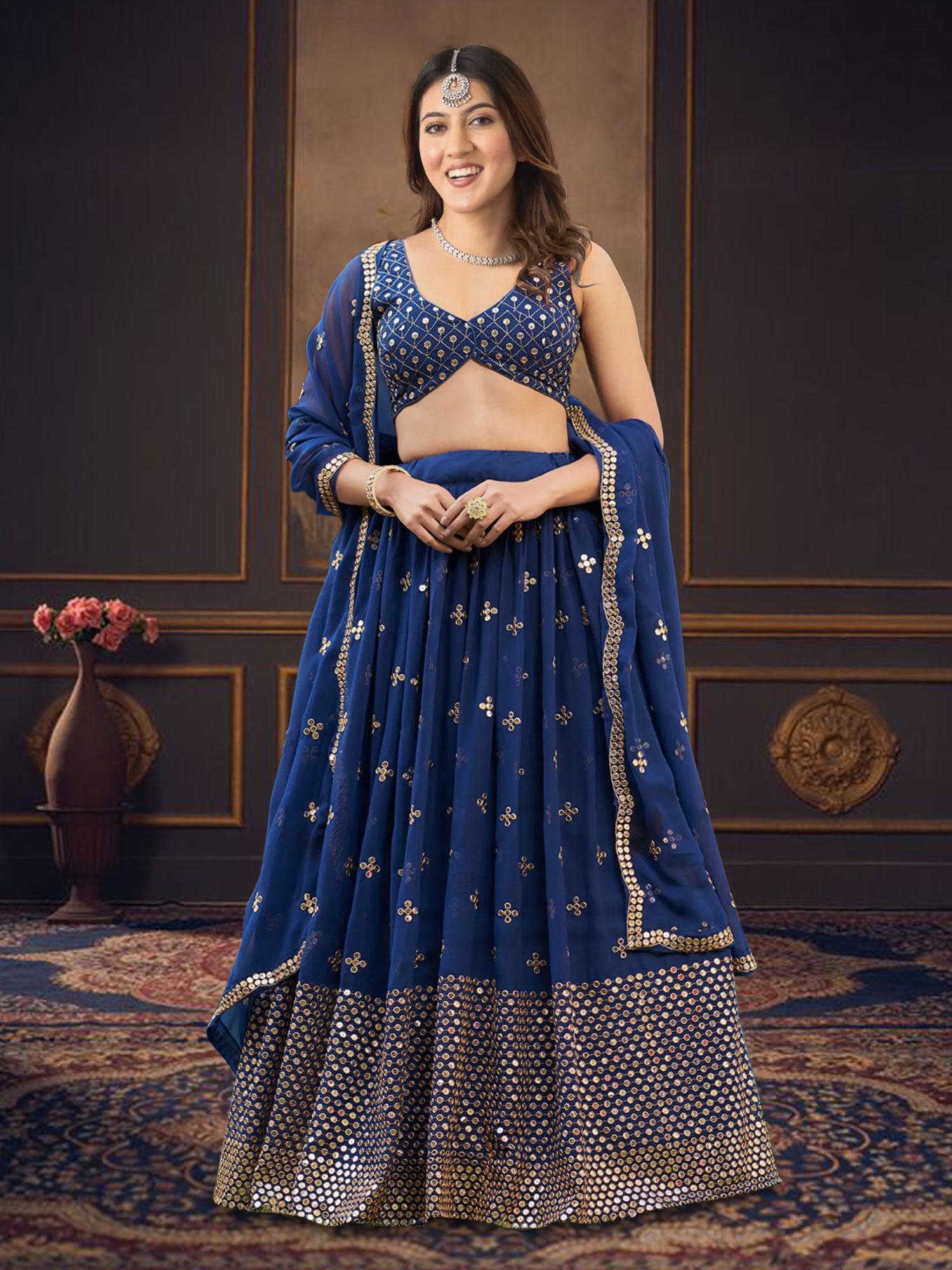Royal Blue Embroidered Lehenga Choli with Dupatta – Mirror and Sequin Work Festive Wear