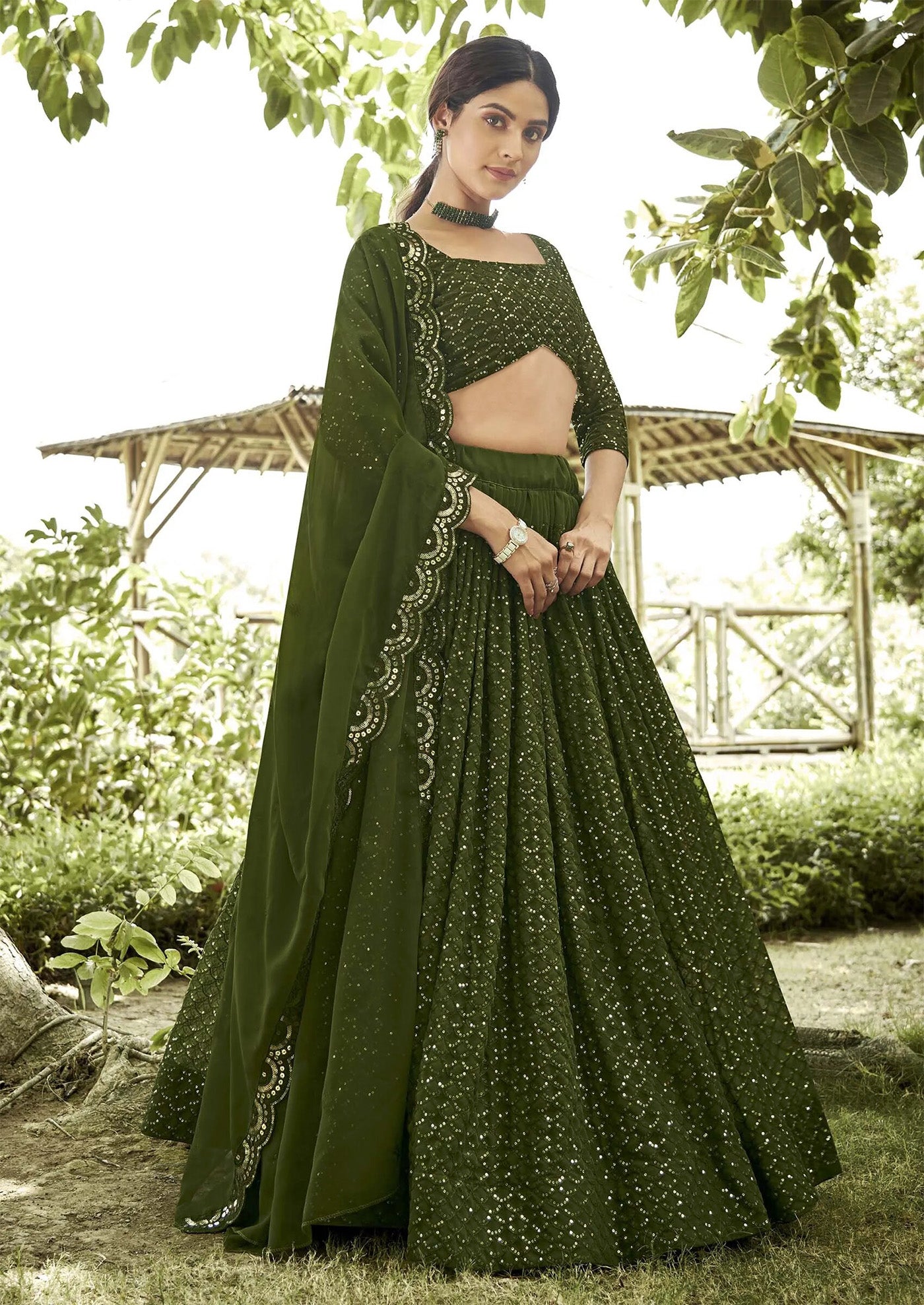 Embllished Semi Stitched Lehenga Choli (Green)