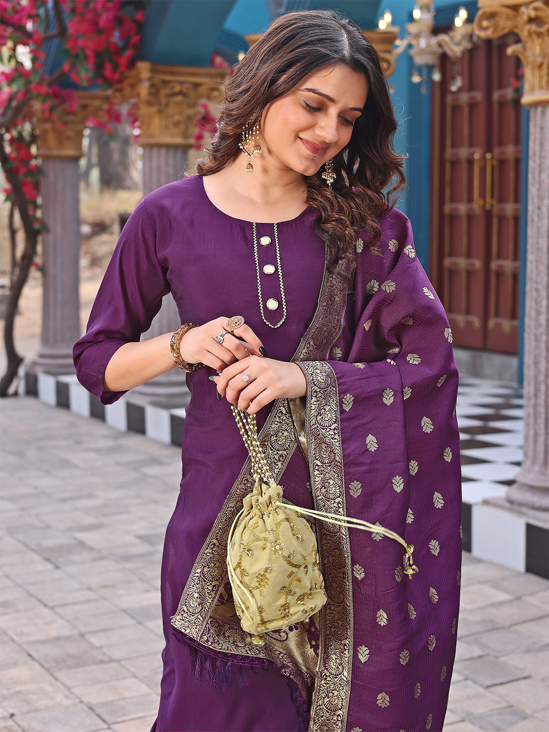 Elegant Purple Straight-Cut Kurta Set with Brocade Dupatta