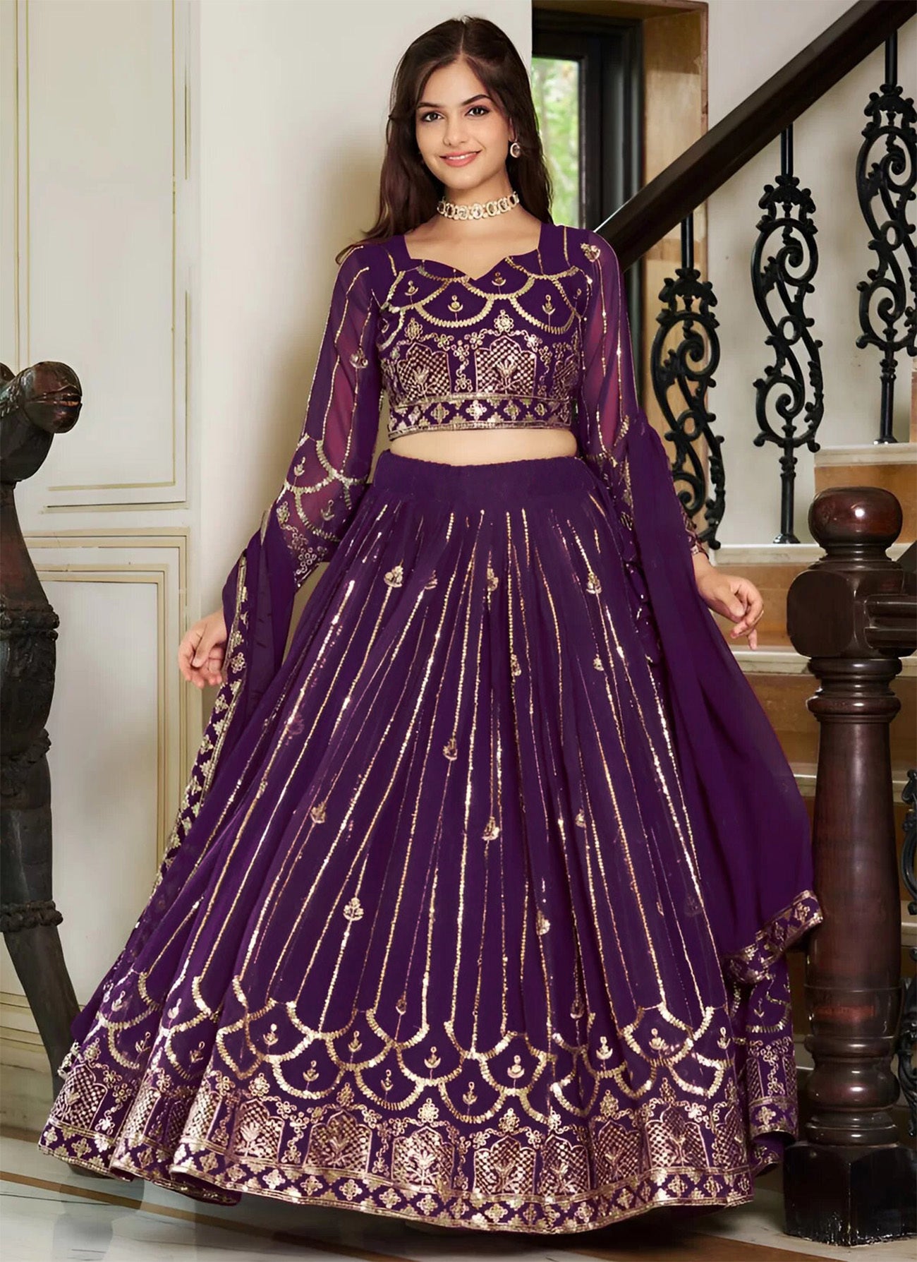 Designer Purple Embroidered Net Lehenga Choli with Sheer Sleeves and Dupatta
