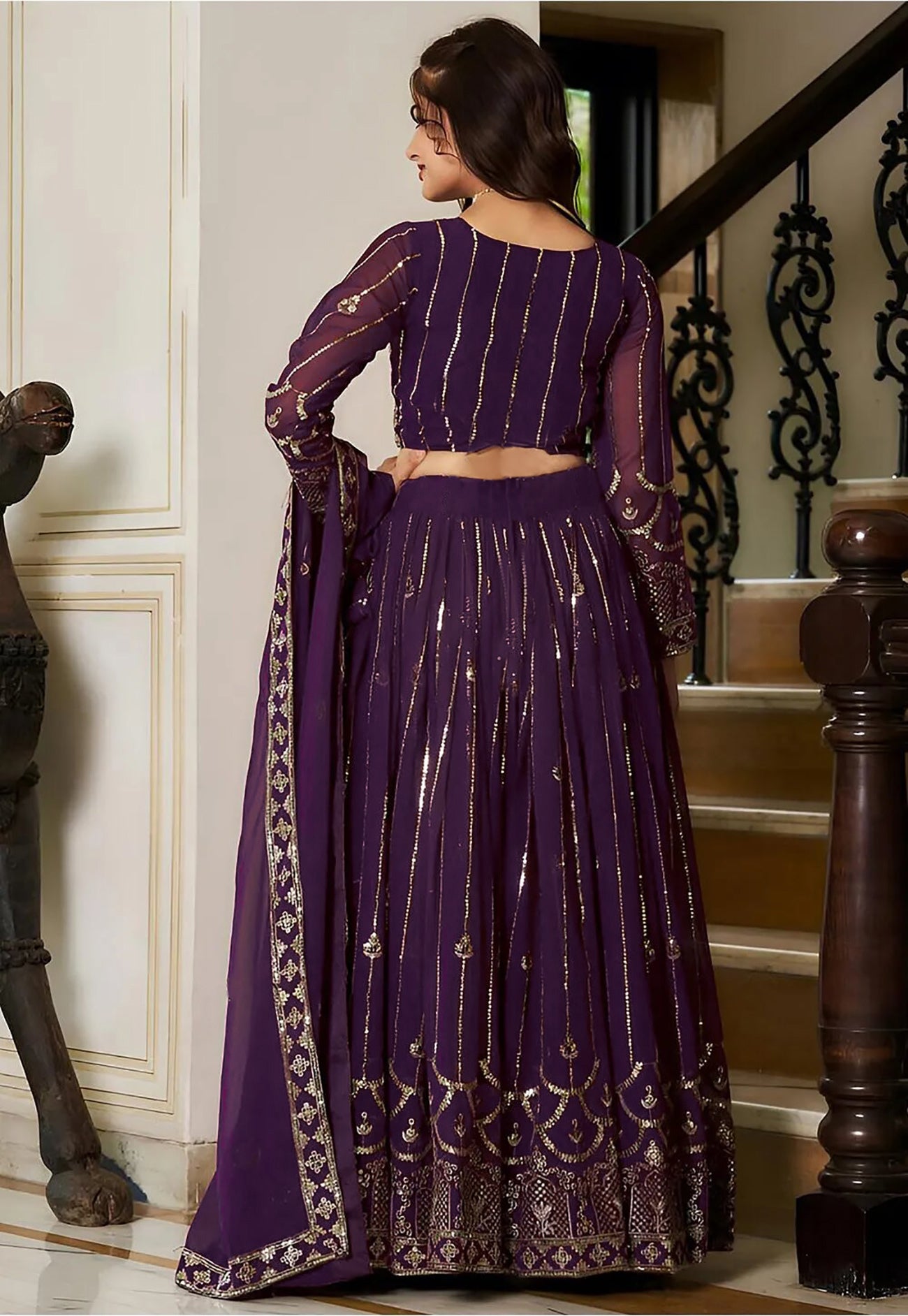 Designer Purple Embroidered Net Lehenga Choli with Sheer Sleeves and Dupatta