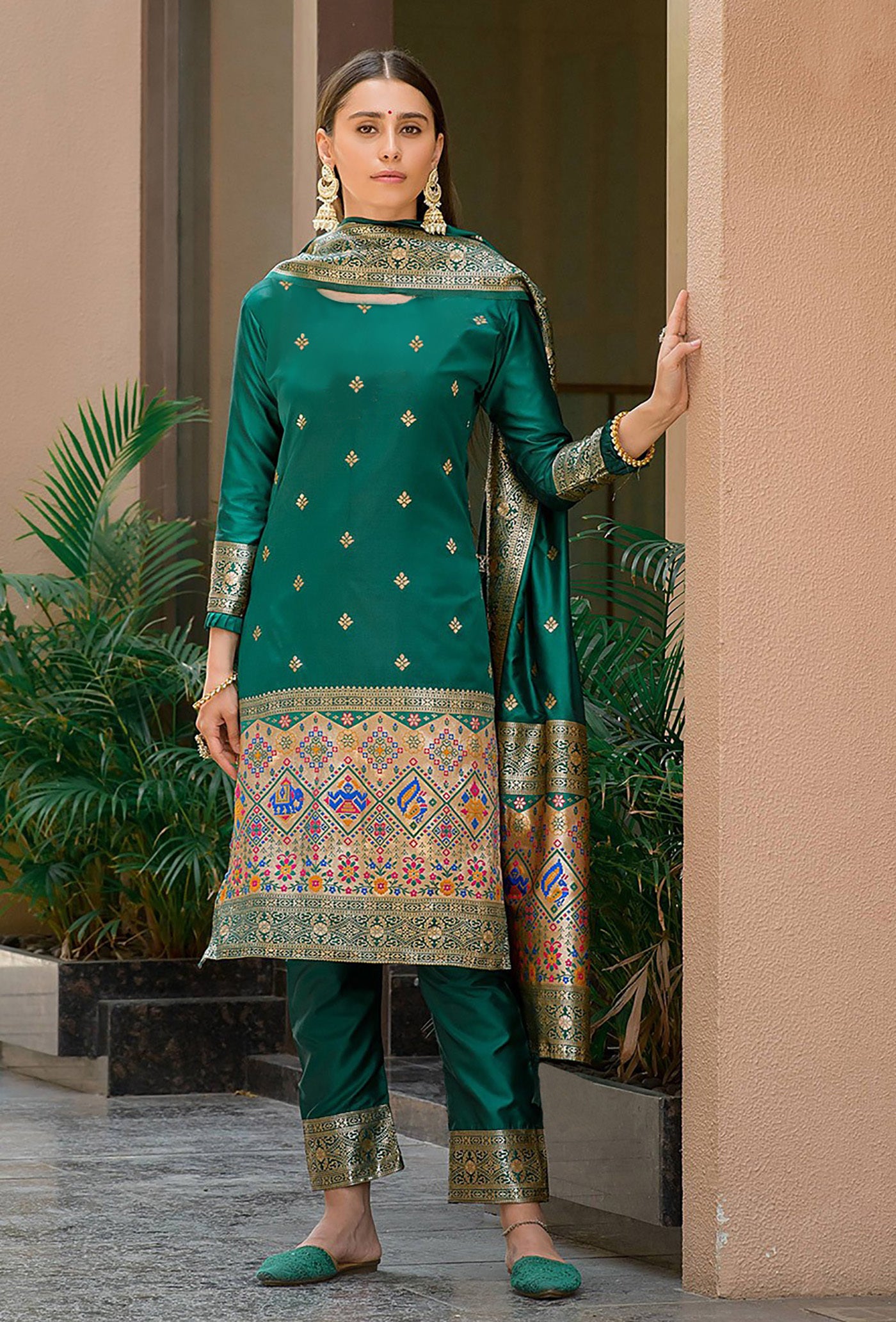 Green Malang Embroidered Silk Straight Suit with Brocade Dupatta