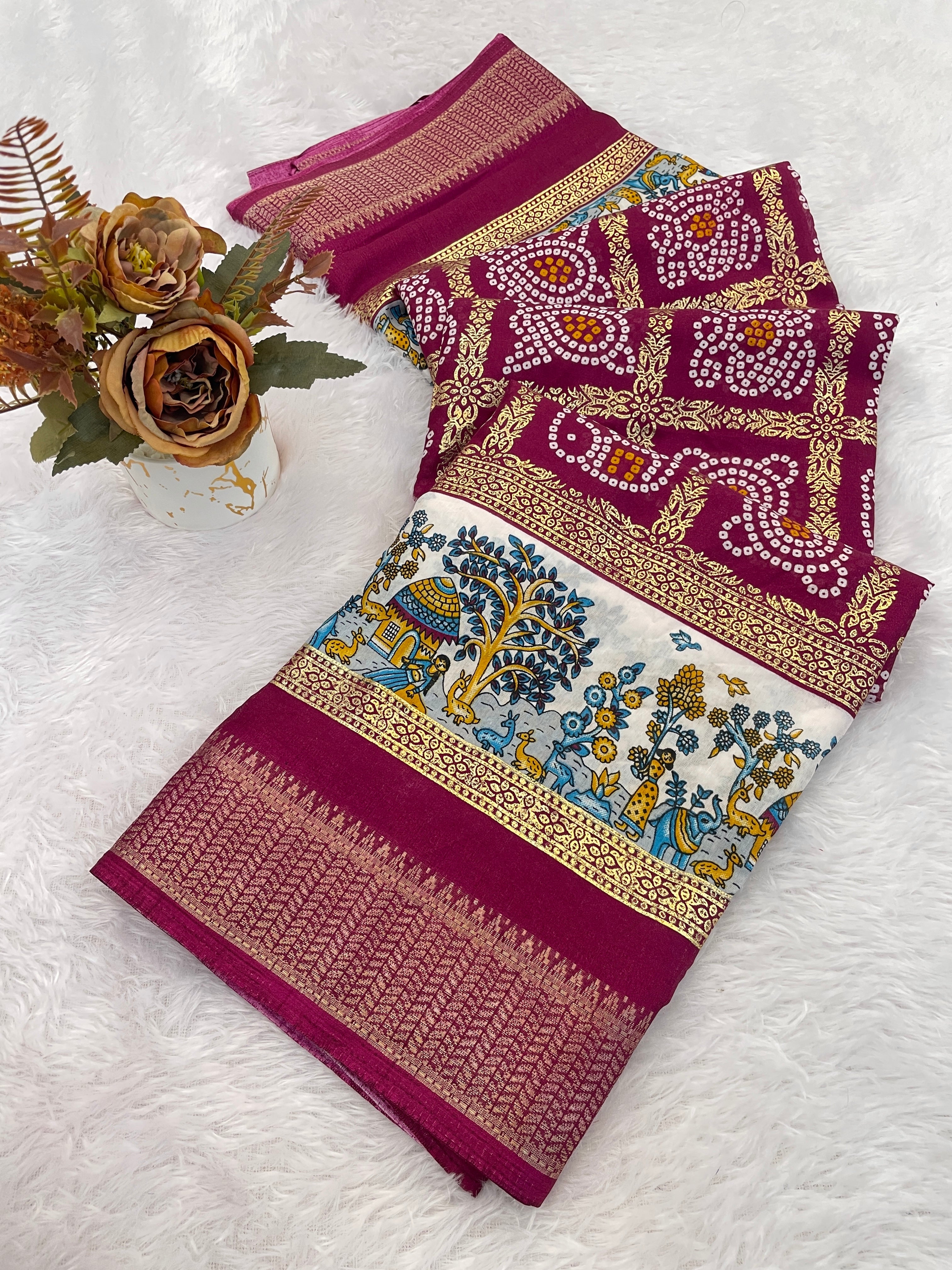 Designer Bandhani Print With Foil Print Women Saree