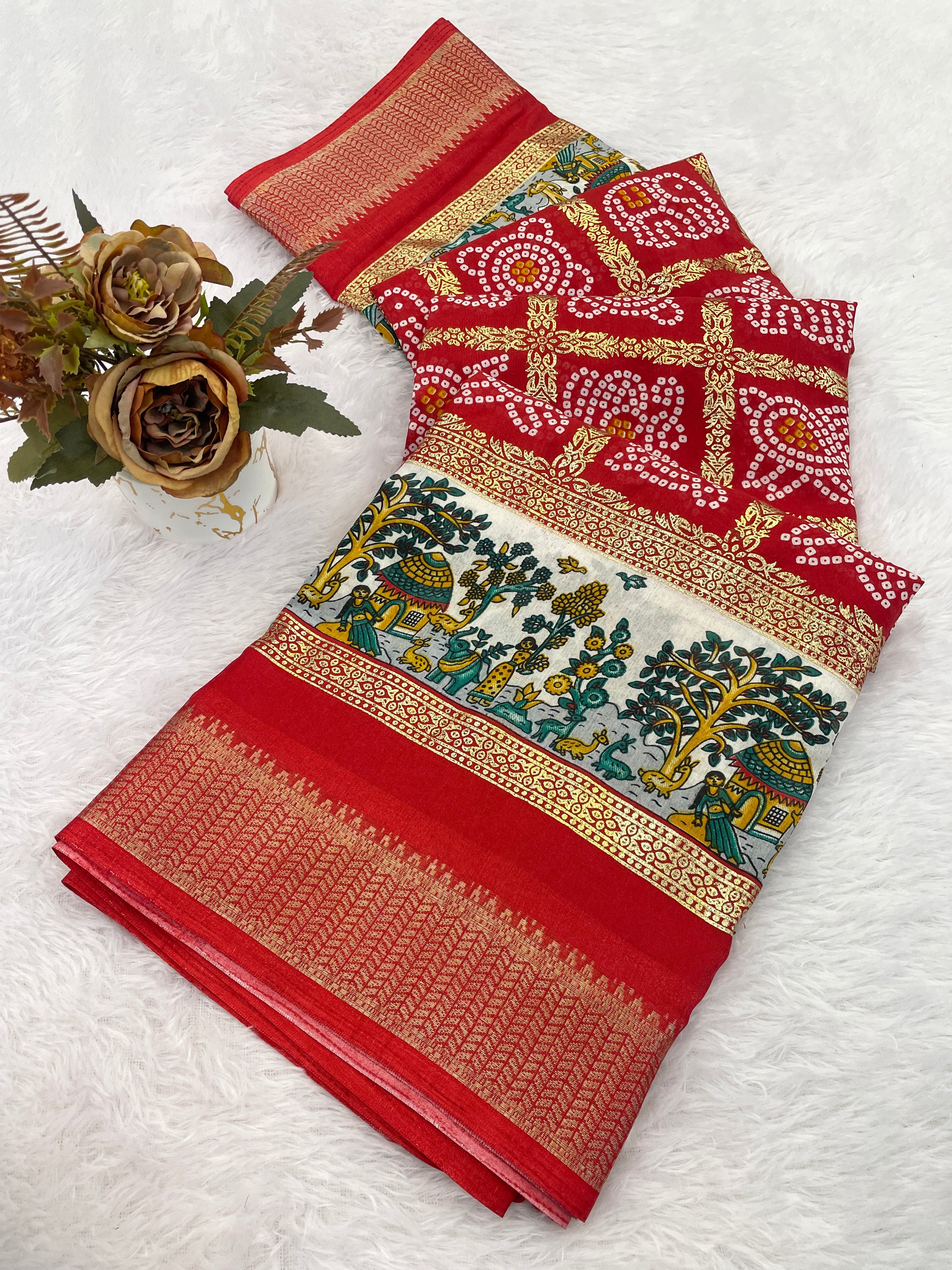 Designer Bandhani Print With Foil Print Women Saree