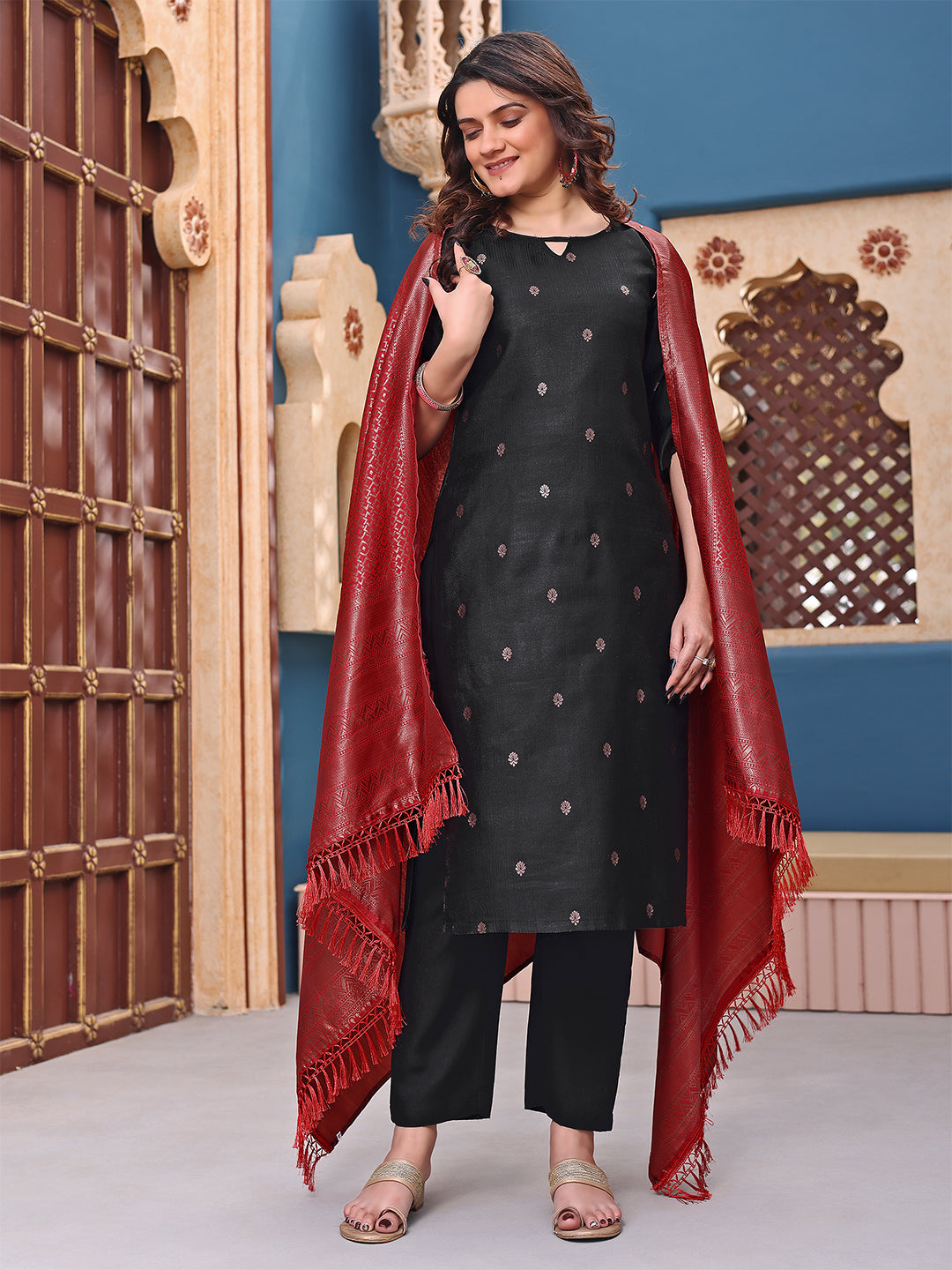 Elegant Black Embroidered Kurta Set with Maroon Silk Dupatta