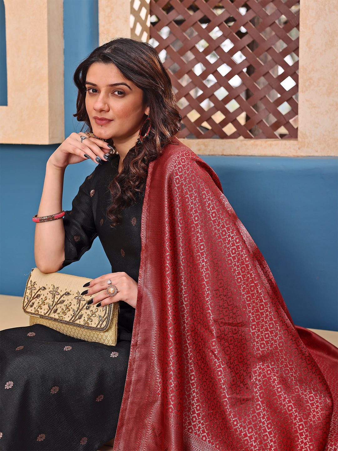 Elegant Black Embroidered Kurta Set with Maroon Silk Dupatta