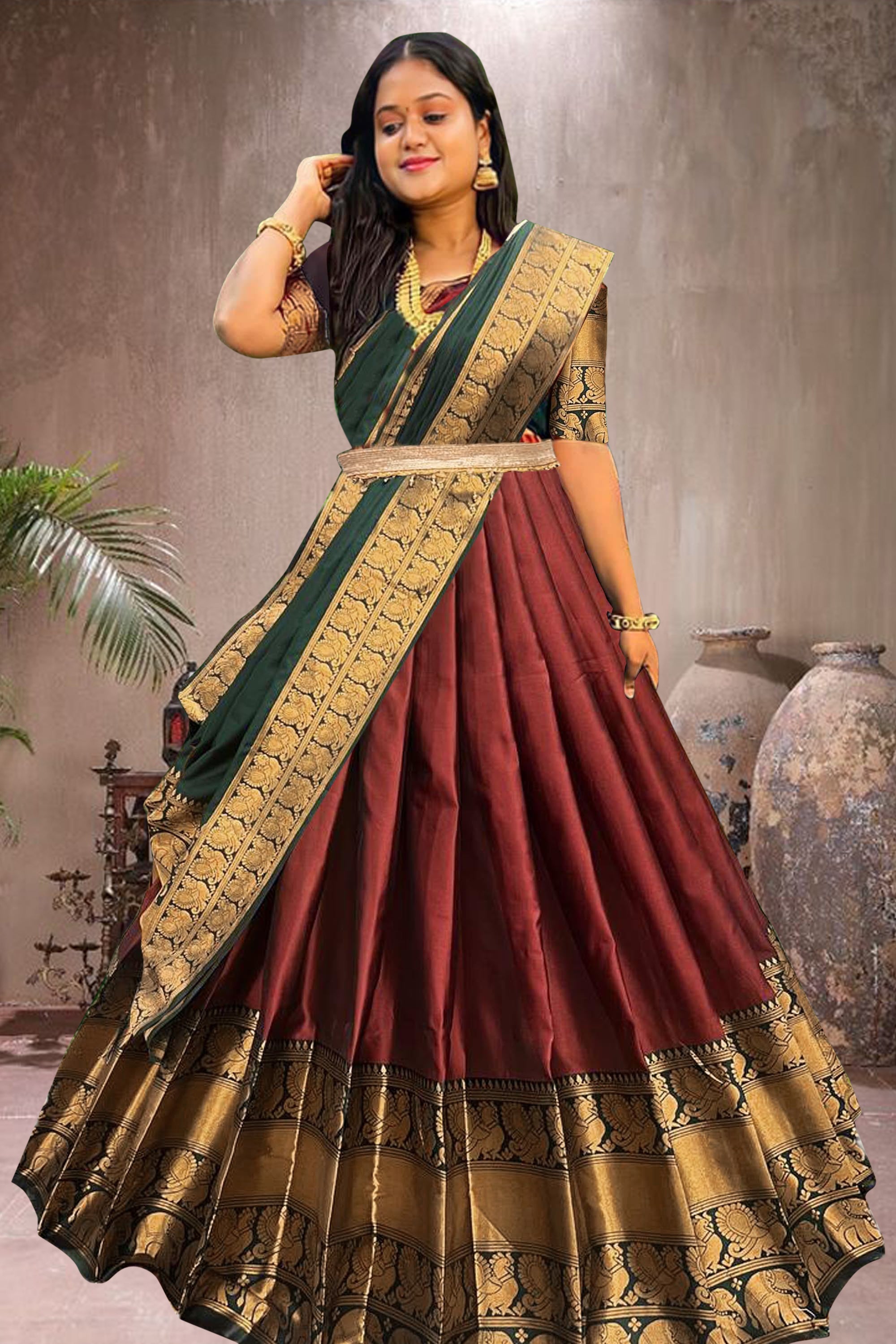 Women Woven Design Jacquard Un-Stitched Lehenga Choli Dupatta Set