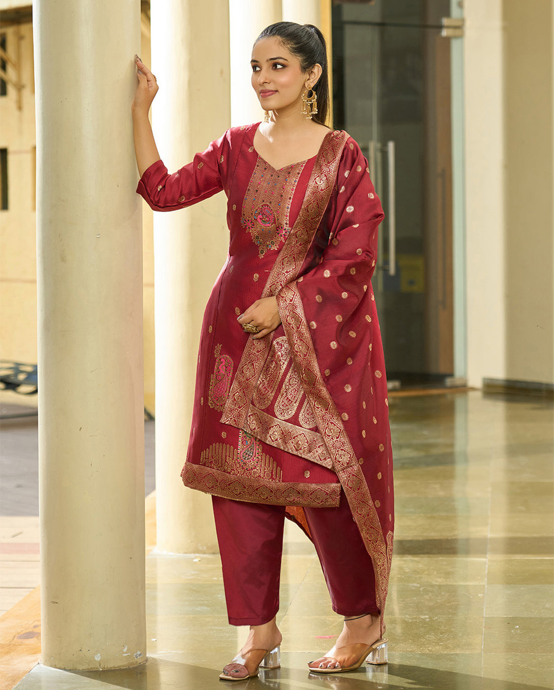 Elegant Maroon Silk Embroidered Straight Suit with Dupatta