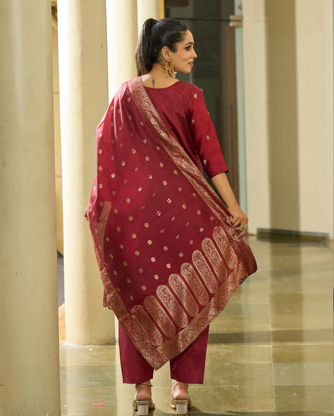 Elegant Maroon Silk Embroidered Straight Suit with Dupatta