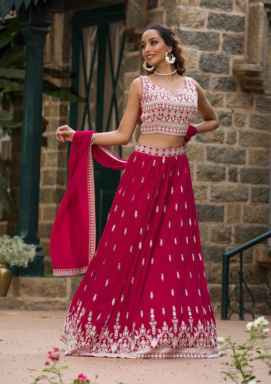 Magenta Embroidered Georgette Lehenga Choli with Dupatta