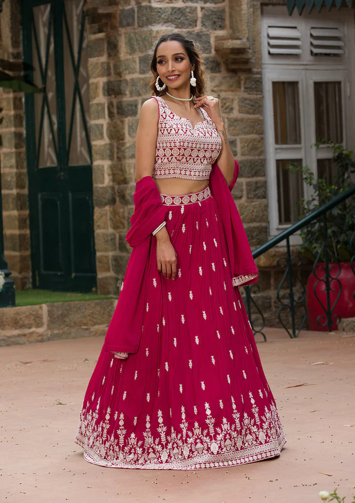 Magenta Embroidered Georgette Lehenga Choli with Dupatta