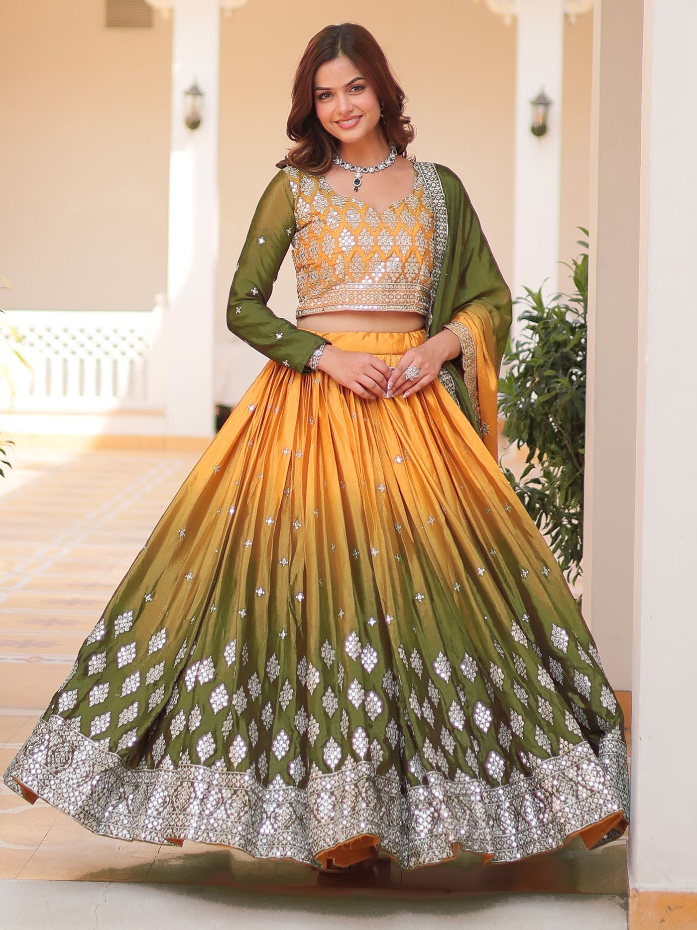 Embllished Semi Stitched Lehenga Choli (Green,Yellow)