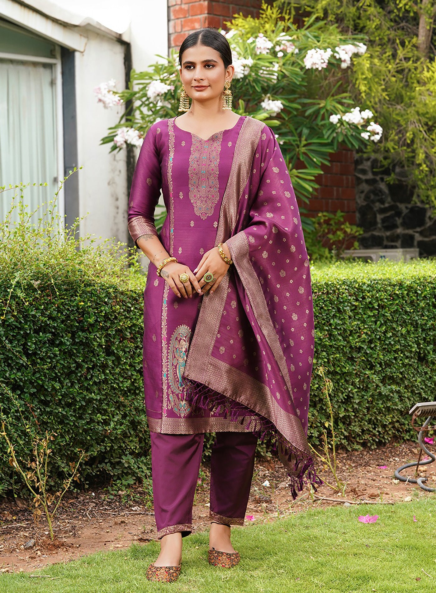 Elegant Purple Silk Embroidered Salwar Kameez with Banarasi Dupatta