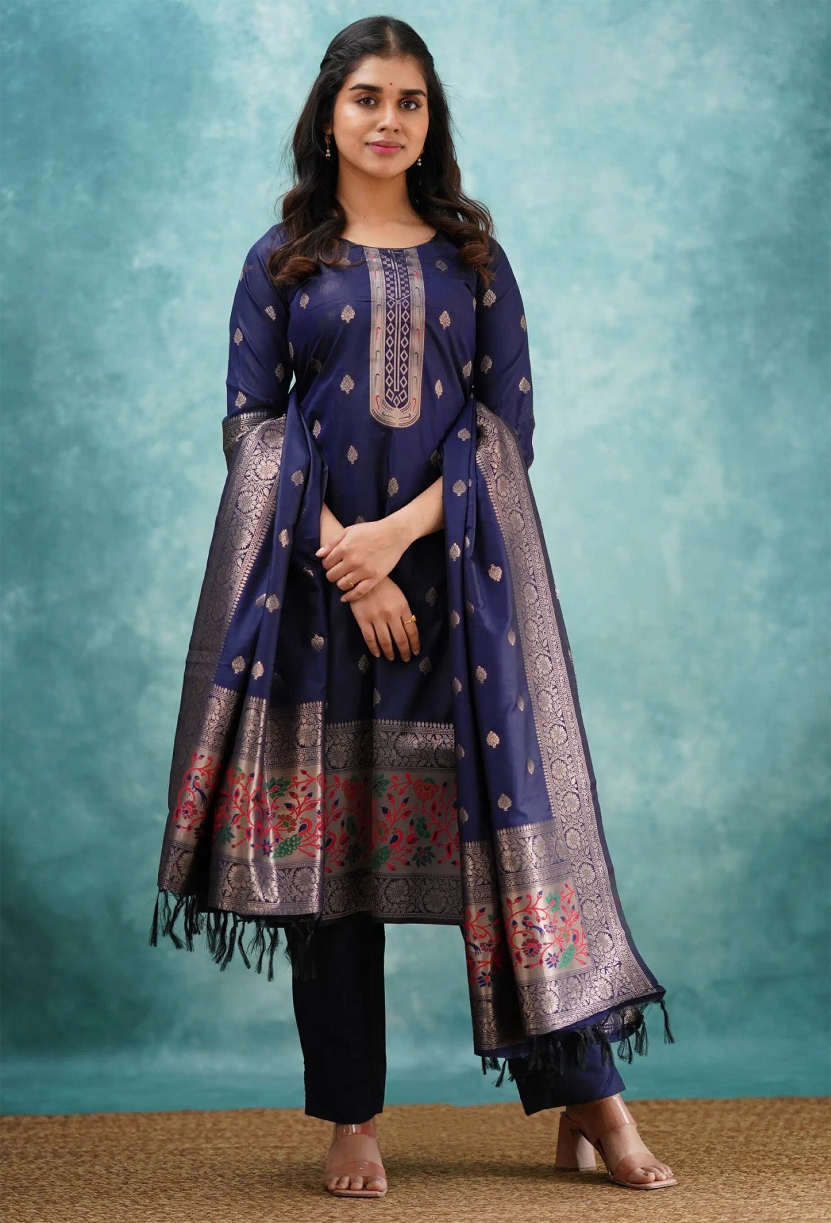 Elegant Navy Blue Banarasi Silk Anarkali Suit with Embroidered Dupatta