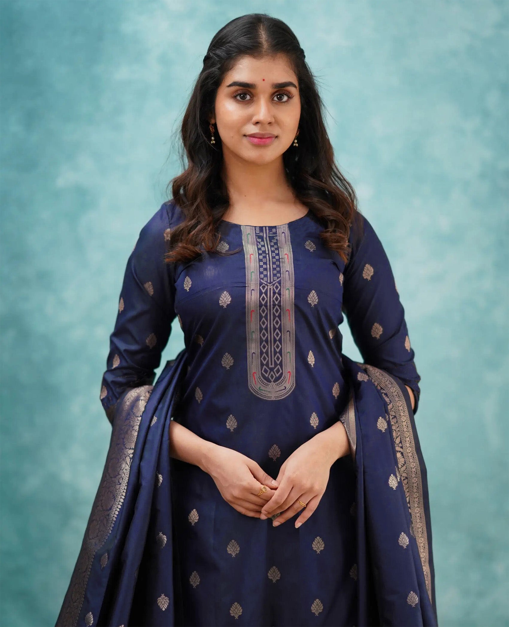 Elegant Navy Blue Banarasi Silk Anarkali Suit with Embroidered Dupatta