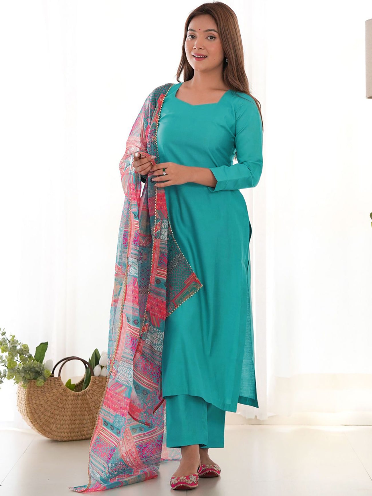 Turquoise Cotton Straight Kurta Set with Printed Dupatta & Pink Embroidered Juttis – Ethnic Wear for Women
