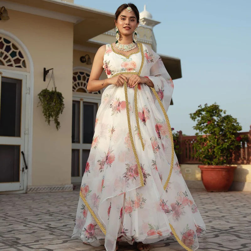 White floral printed ethnic lehenga set