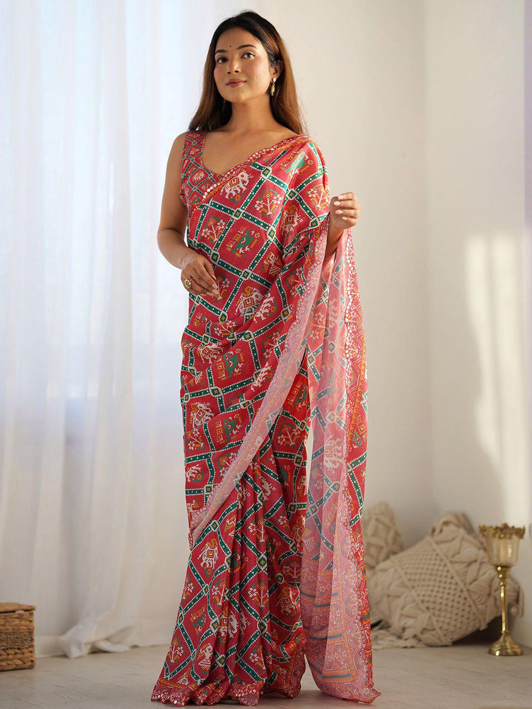 Traditional Red Bandhani Print Saree with Ethnic Motifs and Sleeveless Blouse