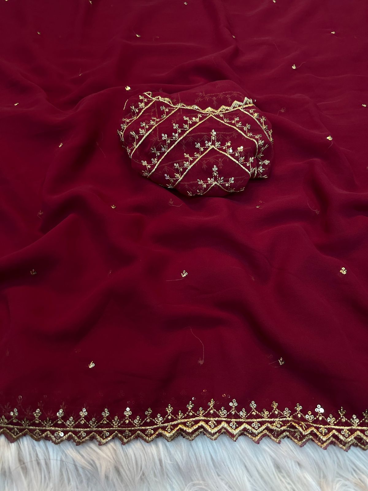 Pure Soft Georgatte Fabric Saree With Heavy Embroidery Work & Fancy Work Blouse