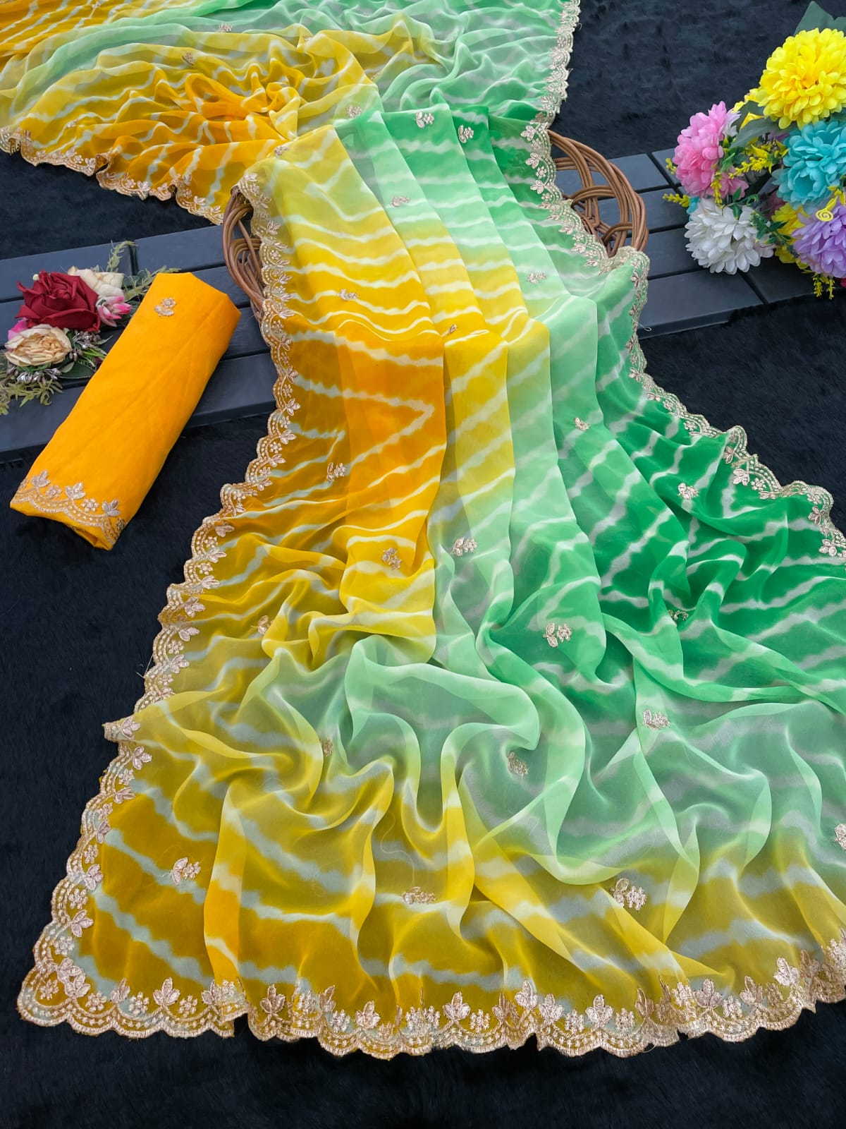 Orange & Pink Shaded Tie-Dye Georgette Saree with Embroidery Border