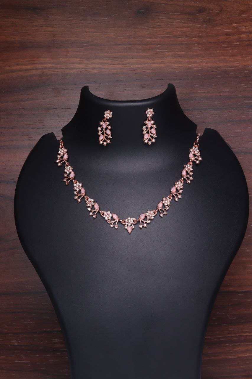 Rose Gold-Plated Pink Stone & CZ Floral Necklace Set with Matching Earrings