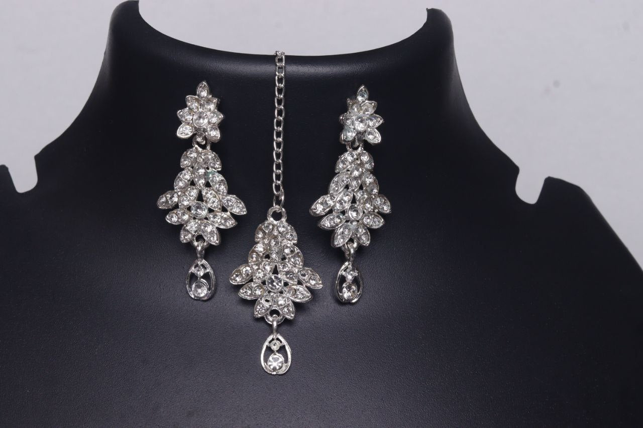 Sparkling Silver-Plated American Diamond Bridal Necklace Set with Earrings and Maang Tikka