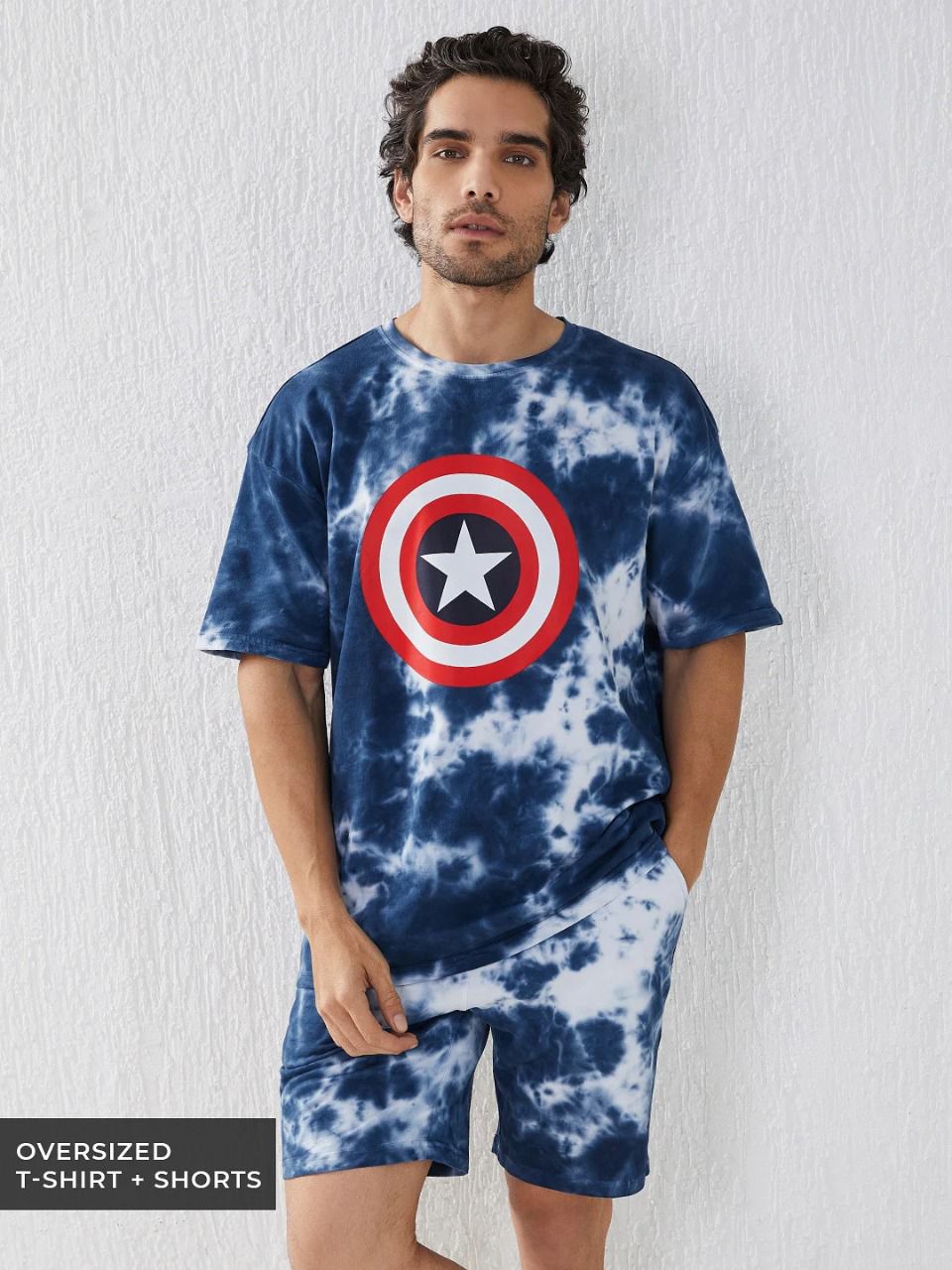 Men's Oversized Tie-Dye Captain America T-Shirt and Shorts Set