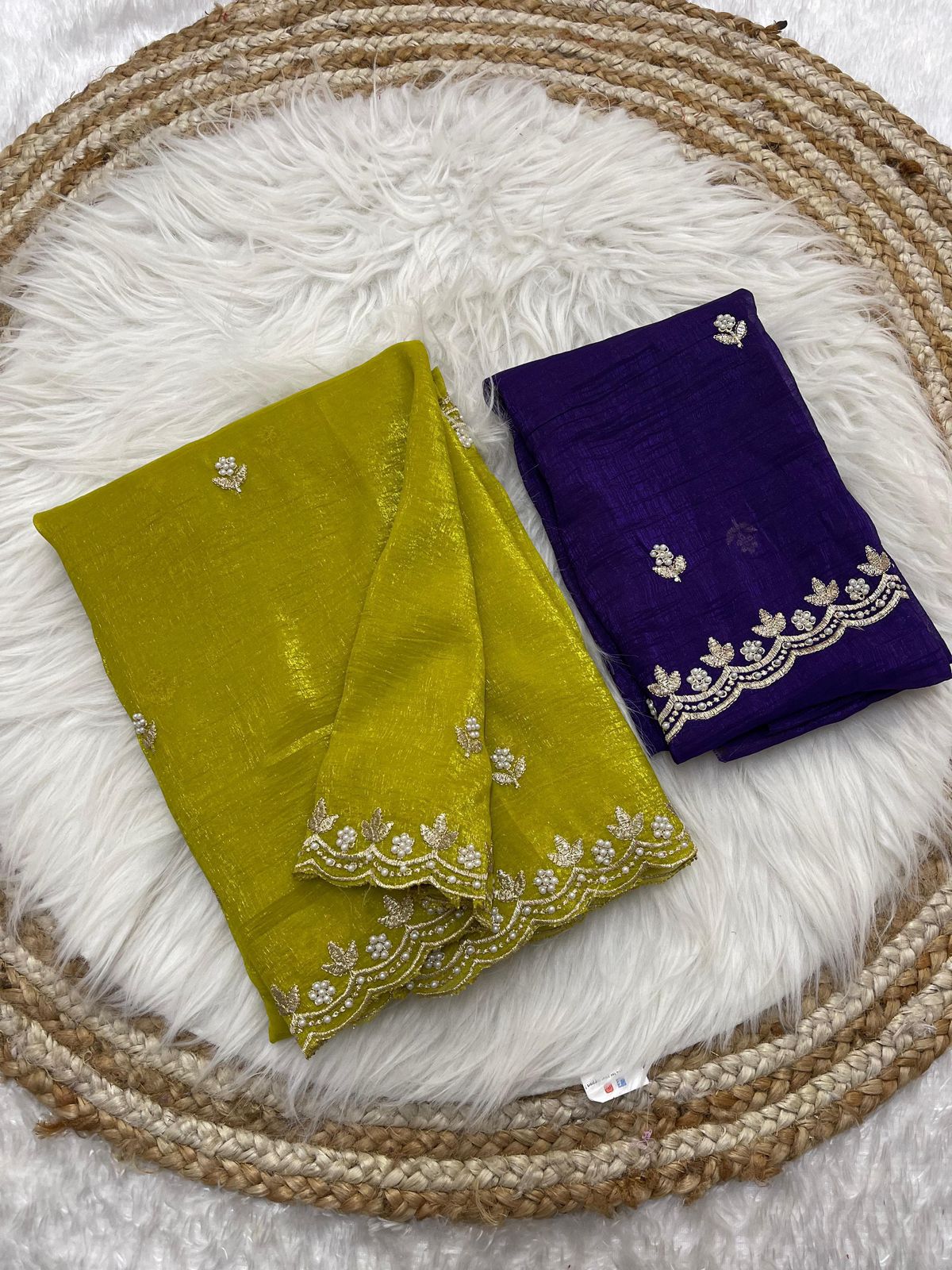 Elegant Purple and Green Crushed Silk Embroidered Saree with Contrasting Blouse Piece