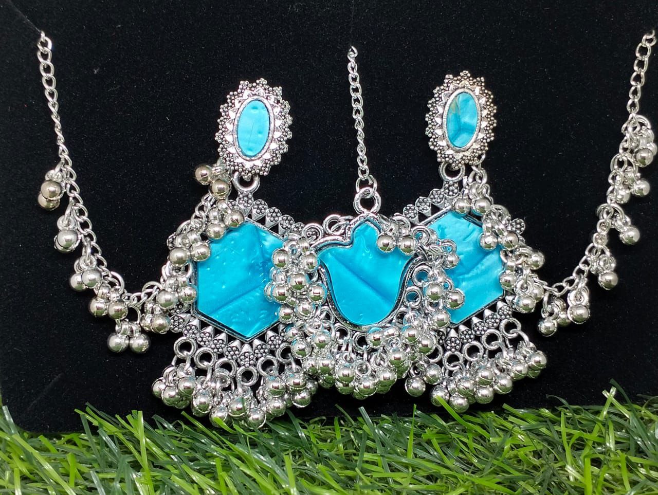 Tribal Style Oxidised Silver Necklace Set with Red Stone Detailing