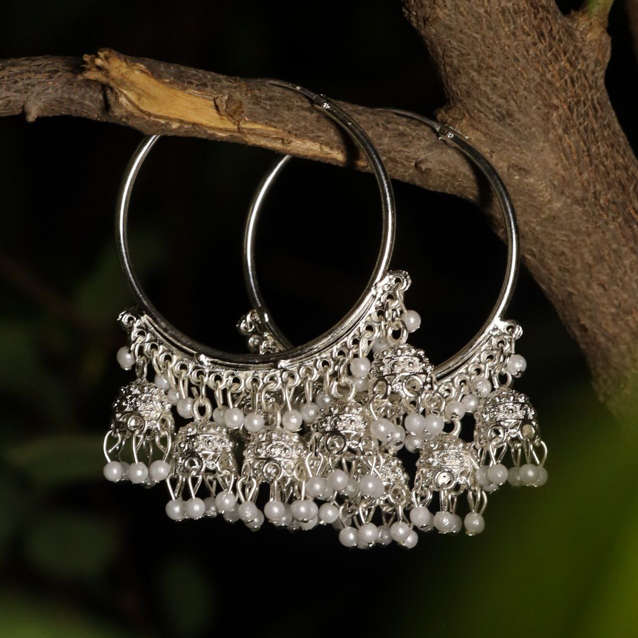 Oxidised Silver Hoop Earrings with Pearl Beaded Jhumka Danglers for Women & Girls