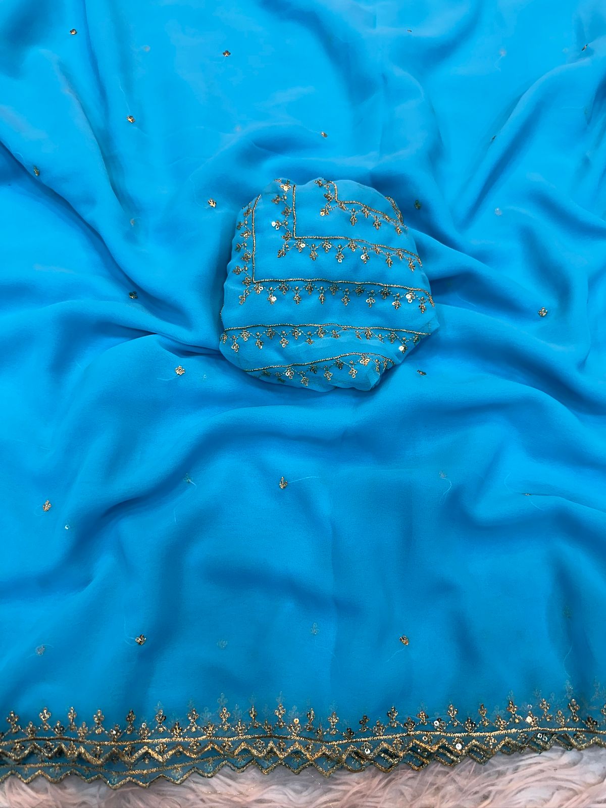 Pure Soft Georgatte Fabric Saree With Heavy Embroidery Work & Fancy Work Blouse