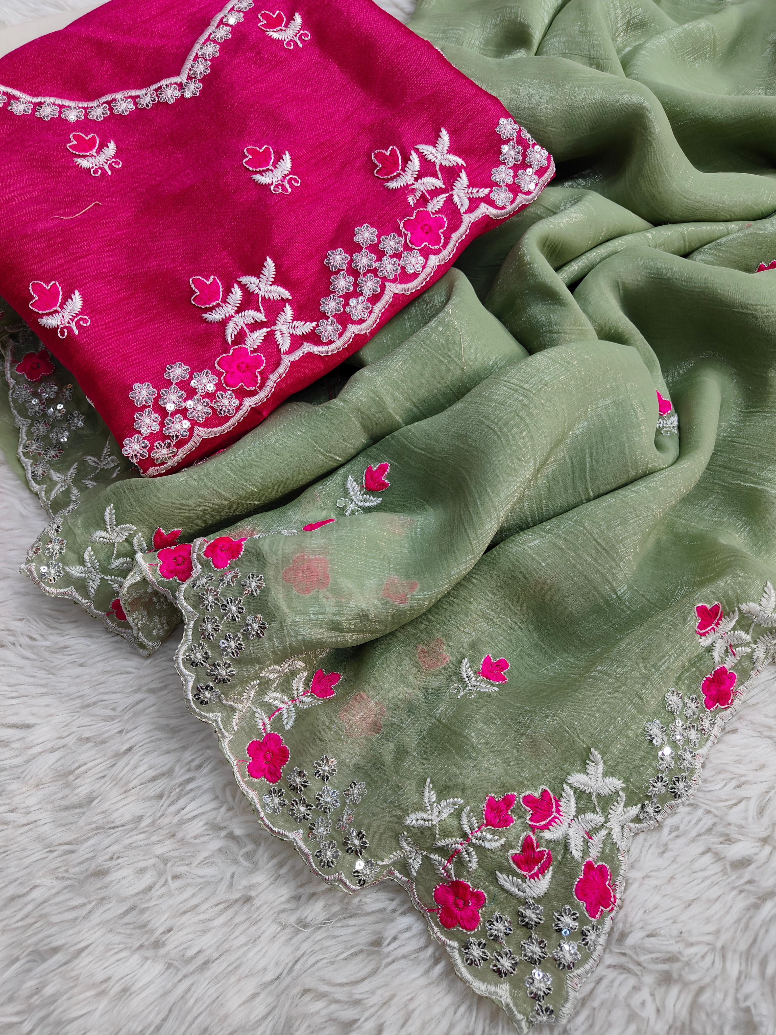 Pure crunchy silk fabric multi thread embroidery work with arc cutting border