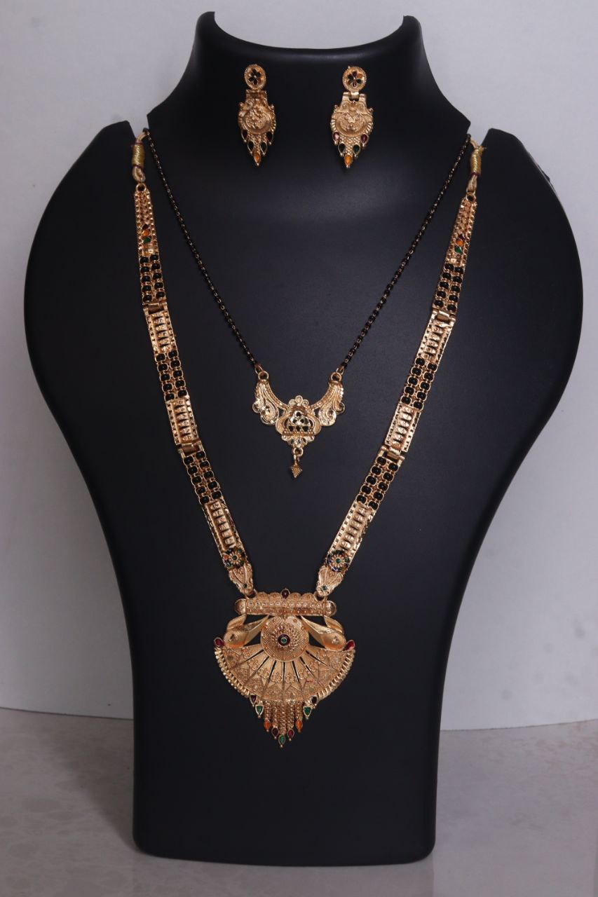 Traditional Gold-Plated Long Rani Haar Mangalsutra Set with Matching Earrings