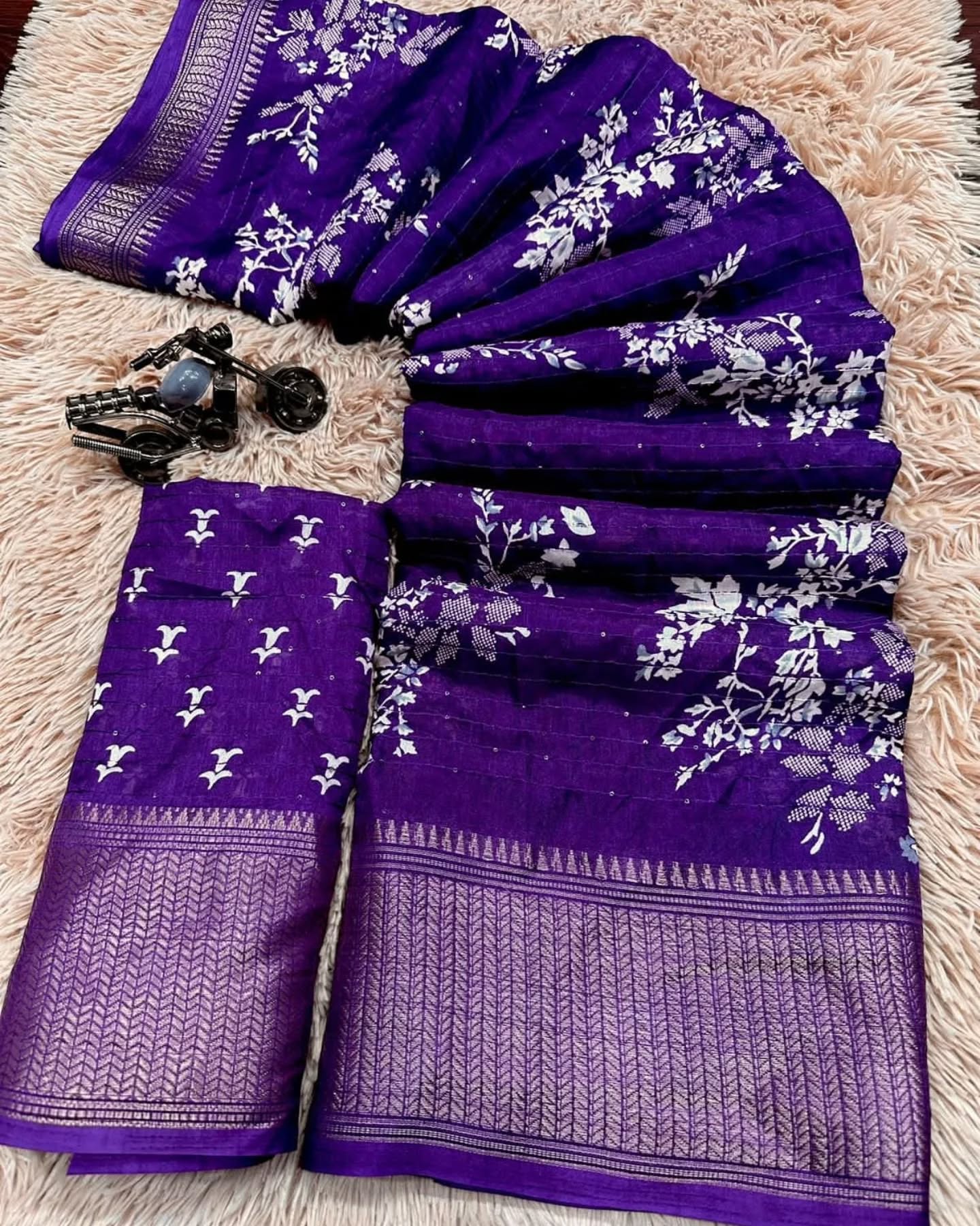 Dola Silk With Croset work Designer Print With Designer Pllu Women Saree Purple