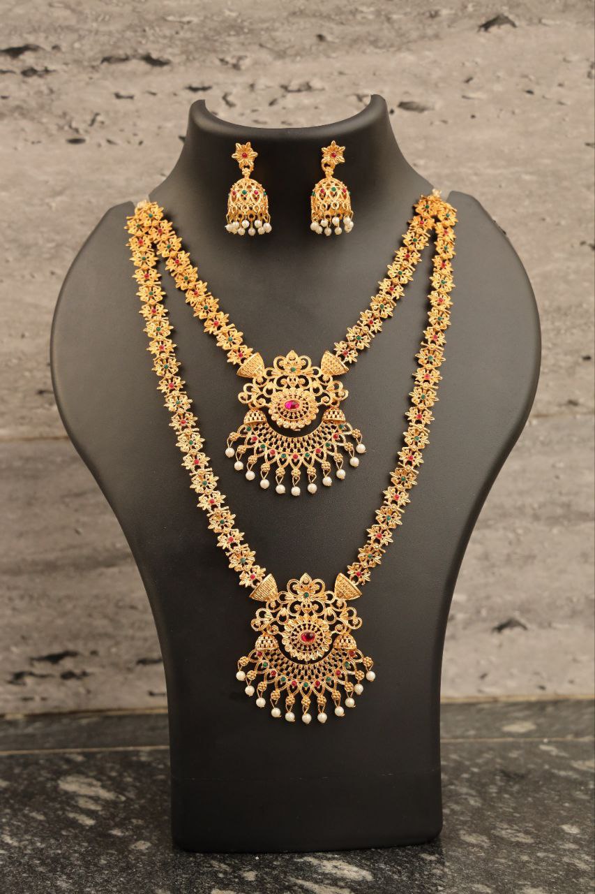Traditional Gold-Plated Temple Jewelry Long Haram Set with Jhumka Earrings for Women