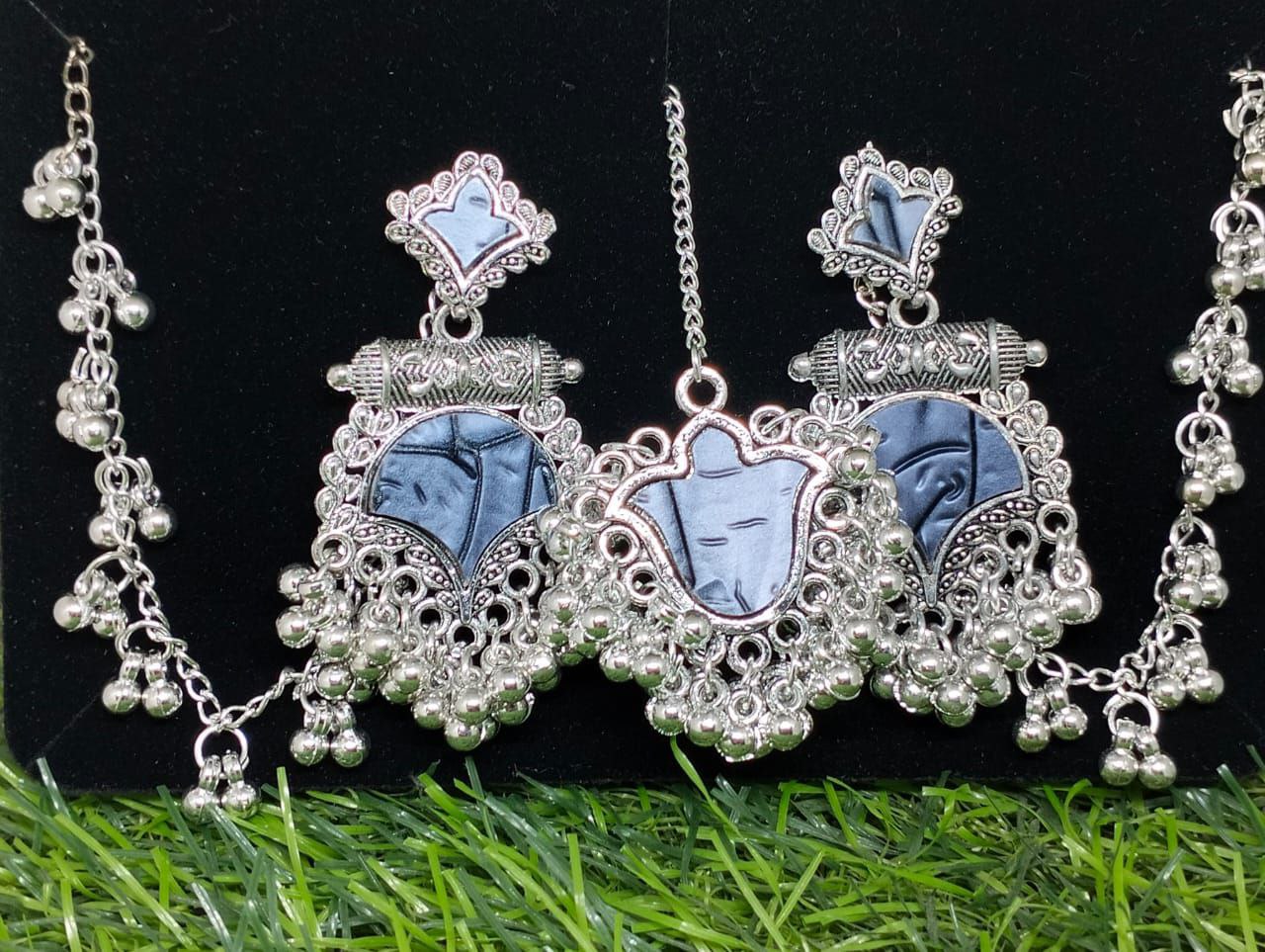 Tribal Style Oxidised Silver Necklace Set with Red Stone Detailing