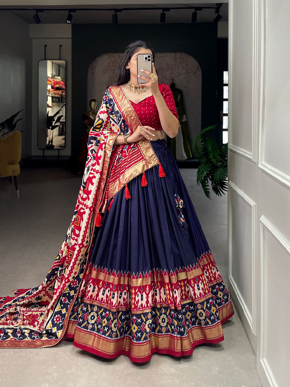 Elegant Green and Purple Ikat Lehenga Choli with Dupatta – Traditional Festive Wear